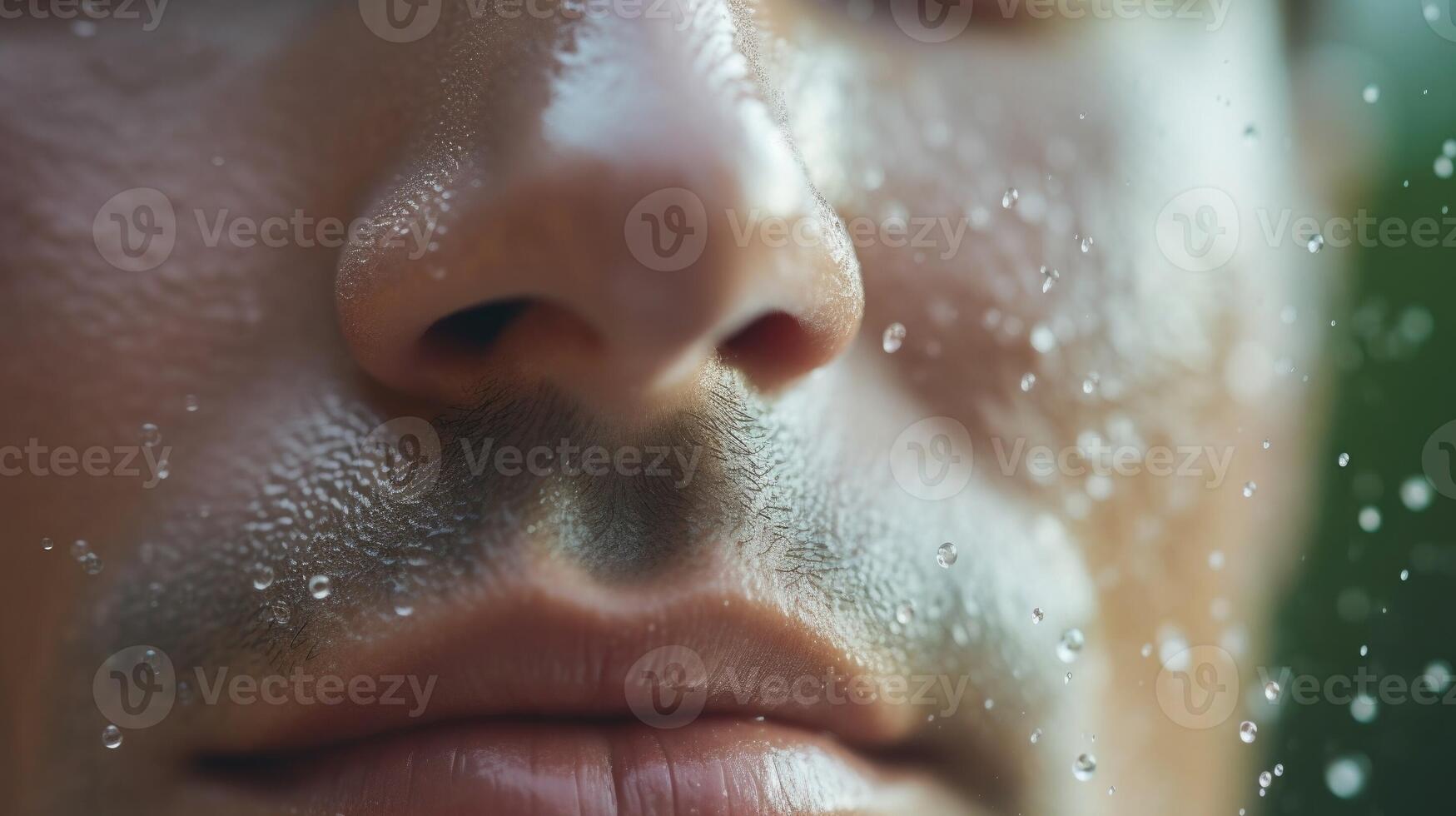 Extreme closeup of a mans nose covered in a hydrating face mask, with small droplets visible. photo