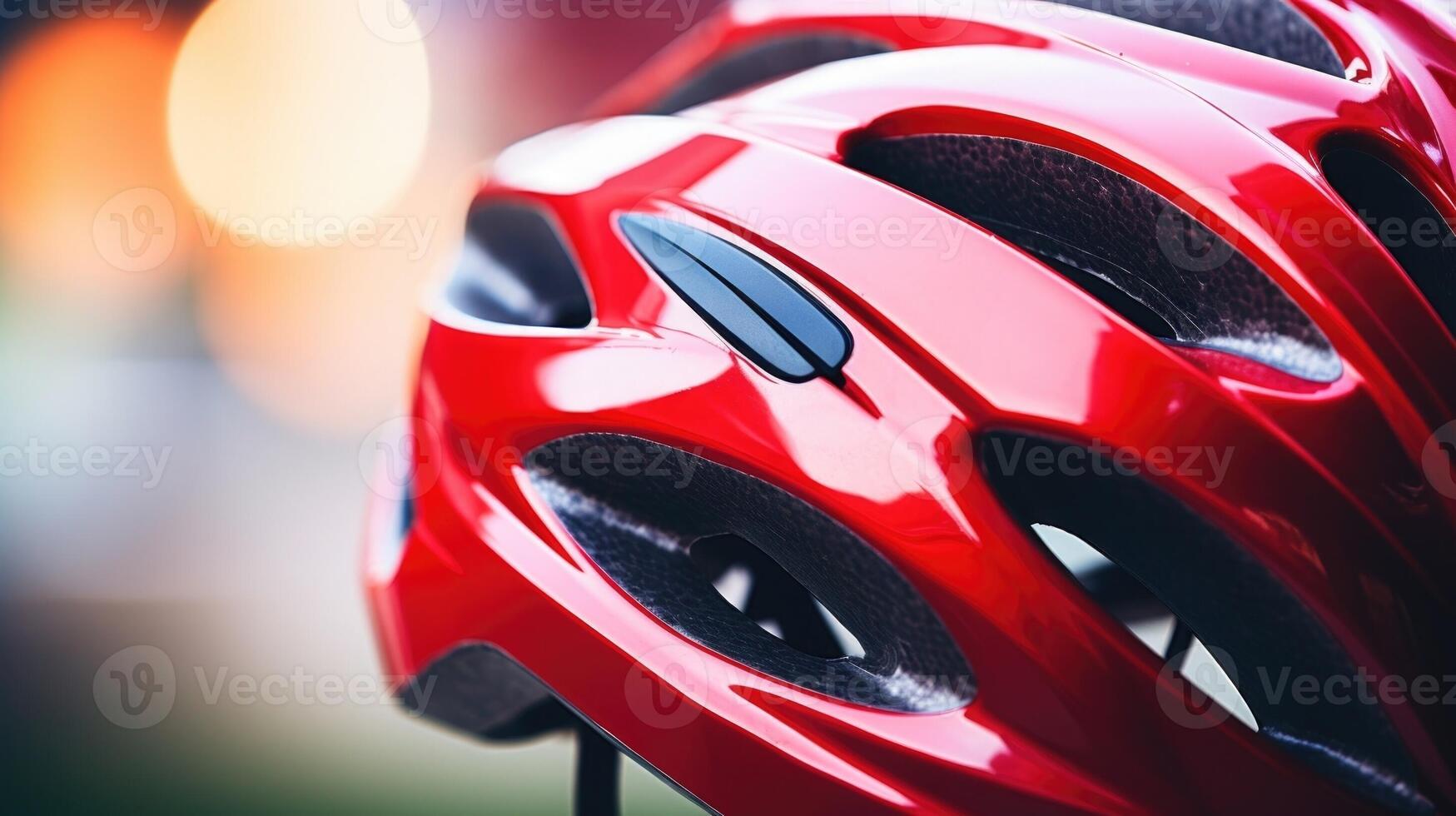 Closeup of a bright red bike helmet with a reflective strip. photo