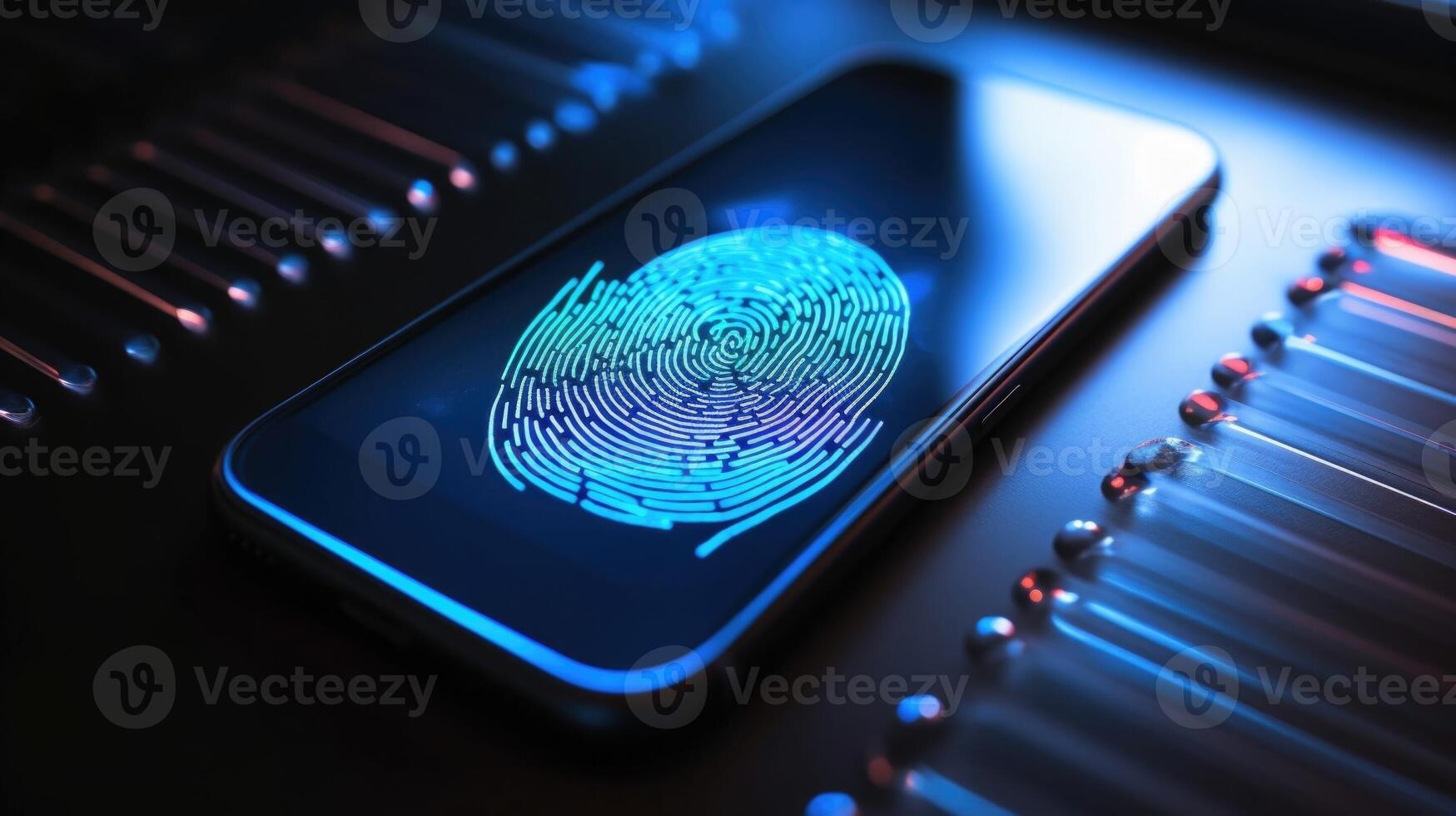Closeup of a fingerprint sensor on a smartphone, used to authenticate access to medical records and data collected by an AIpowered diagnostic tool. photo