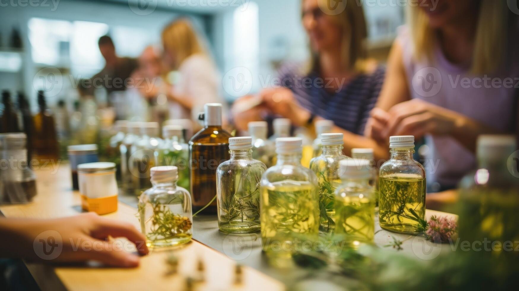 Macro image of a handson workshop where participants are learning how to make their own natural cleaning products. photo