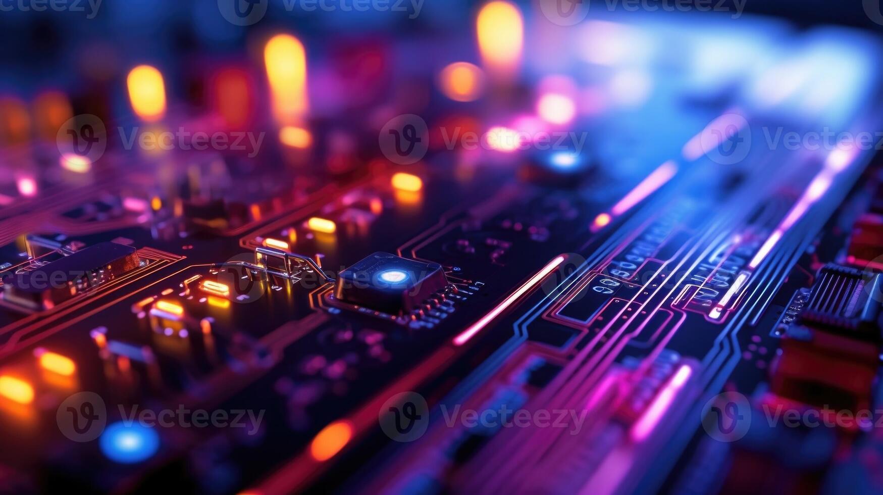 Closeup of a circuit board with colorful LED lights lighting up different pathways. photo