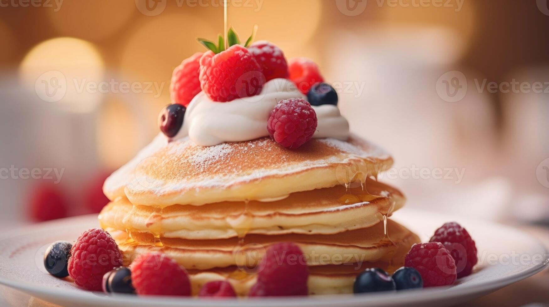 Closeup of a stack of fluffy pancakes, topped with a dollop of whipped cream and juicy berries. photo