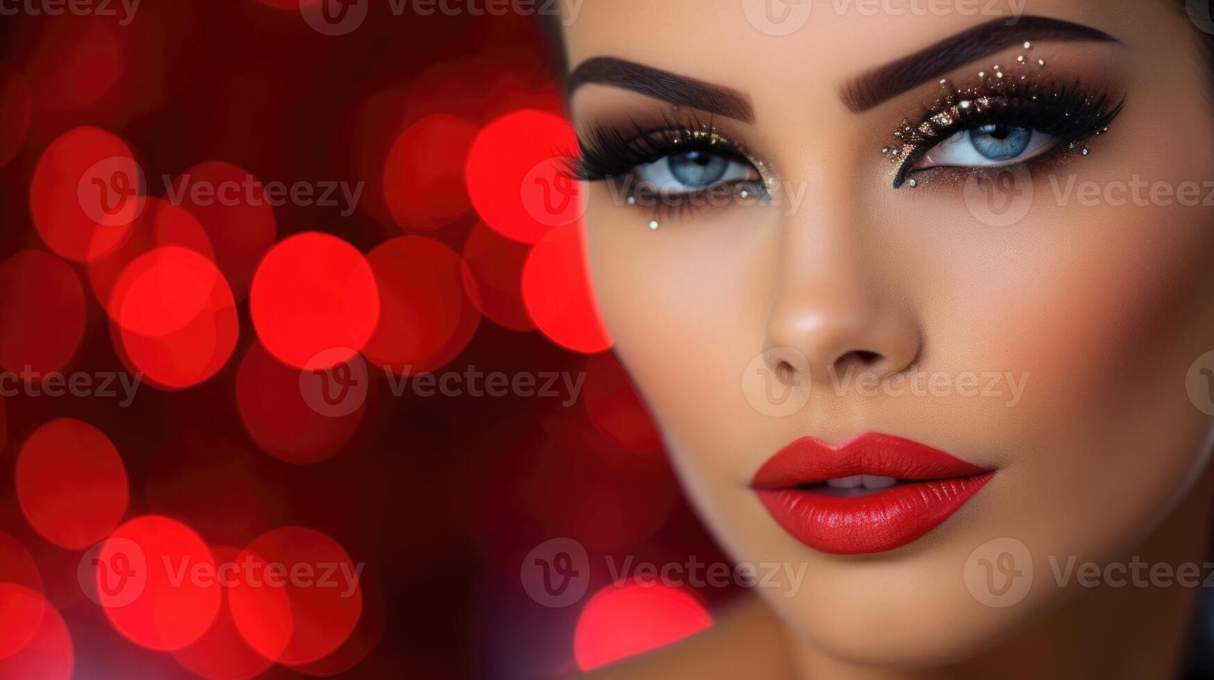 Closeup of a models vibrant, bold makeup look featuring dramatic winged eyeliner and glossy red lips. photo