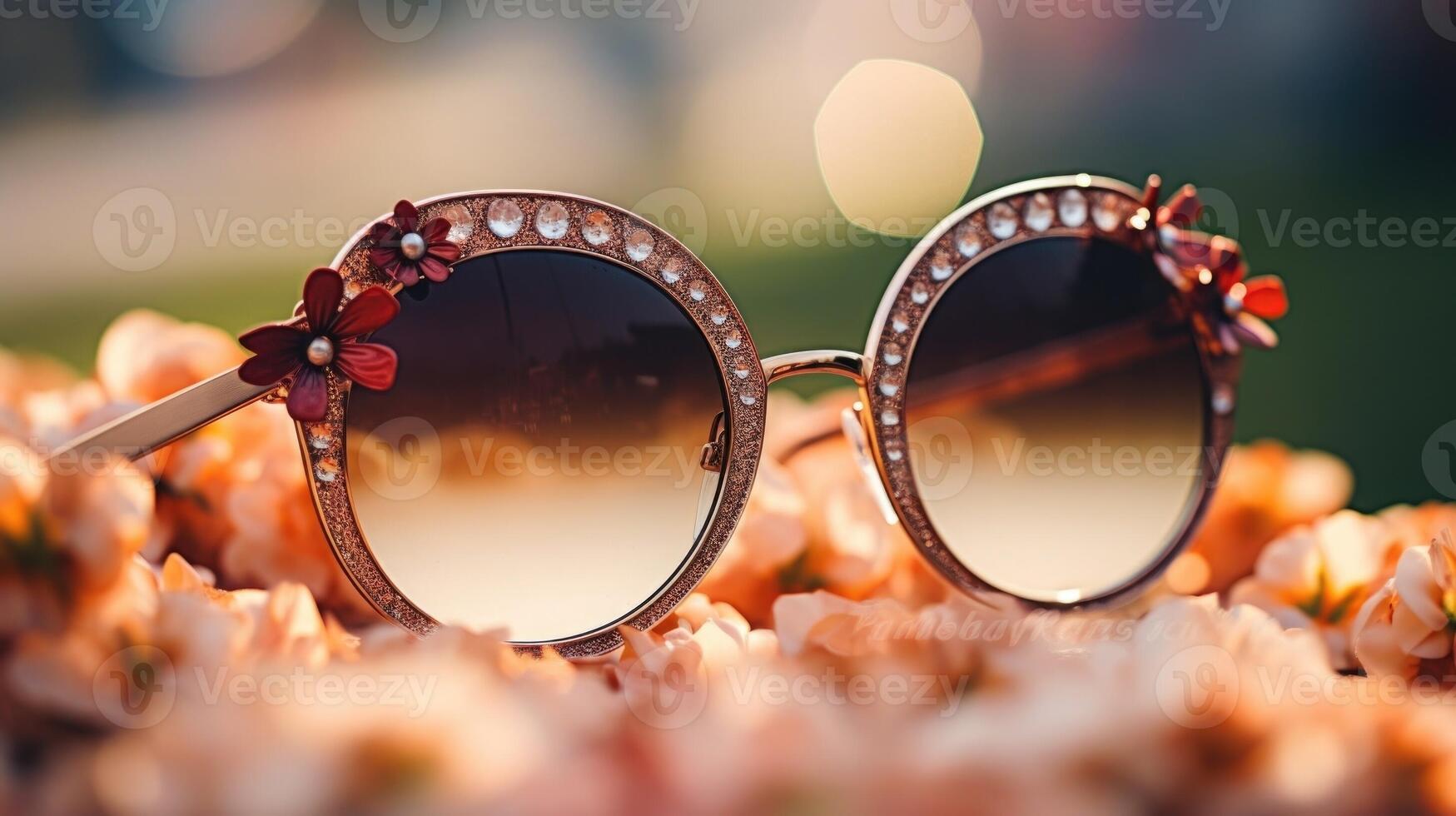 Closeup of a pair of statement sunglasses, with oversized circular frames and rose gold accents. photo