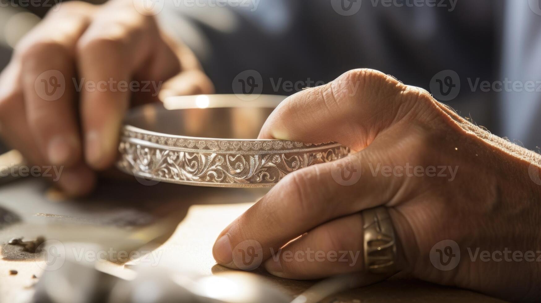 Closeup of a jewelry designer using precision tools to carefully etch a design into a silver bangle. photo