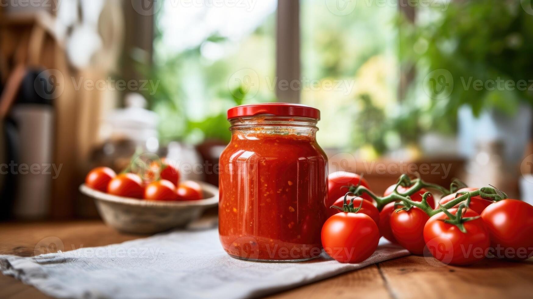 Closeup of a jar filled with homemade tomato sauce, made from freshly picked organic tomatoes by a family in their kitchen. photo