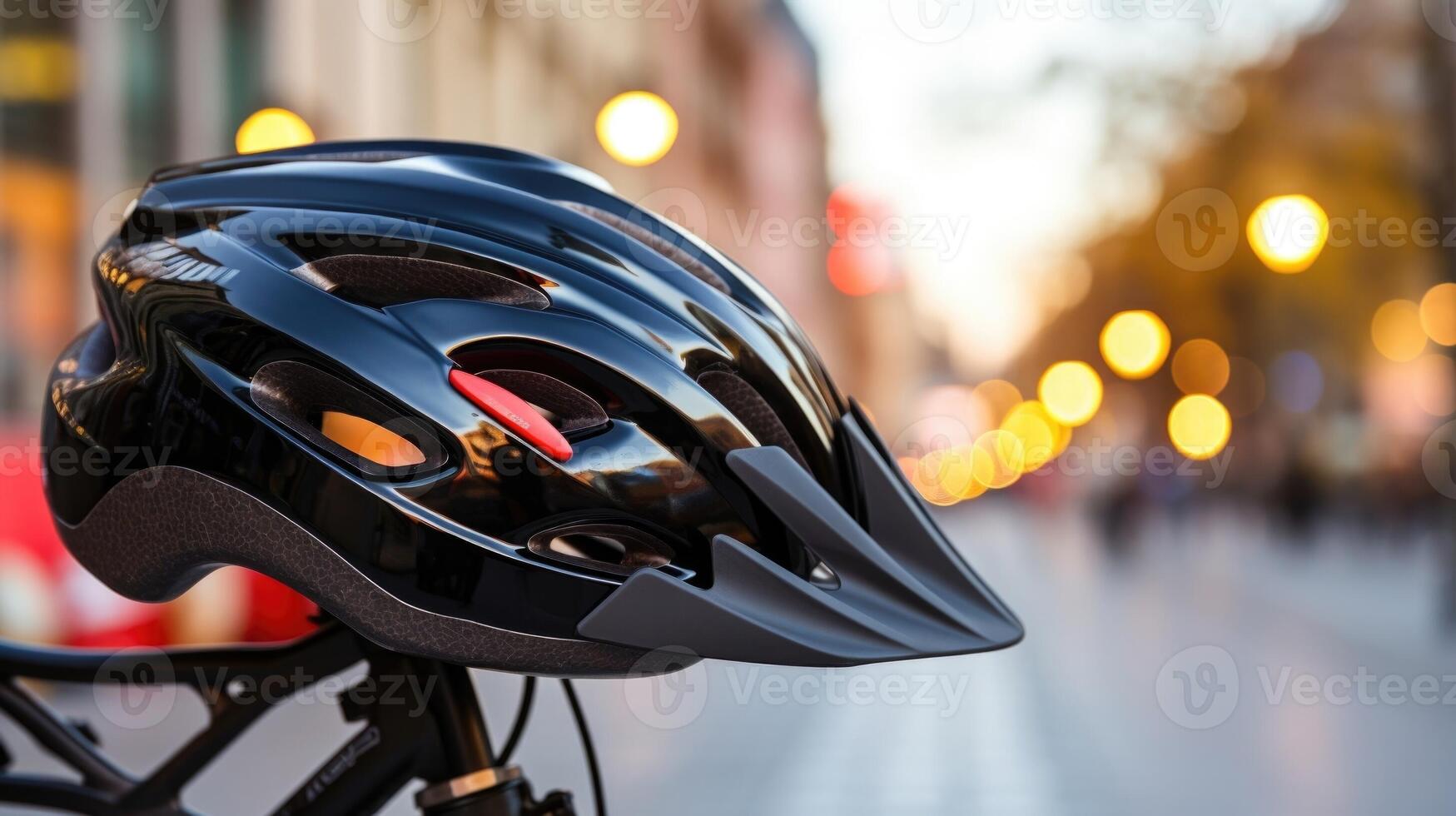 Upclose image of a bike helmet adorned with reflective stickers for safe city riding. photo