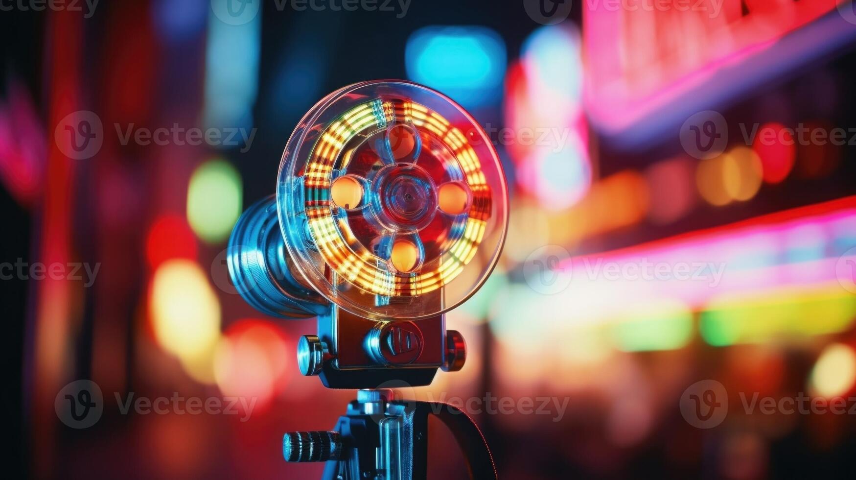 Closeup of a neon sign shaped like a classic movie camera. photo