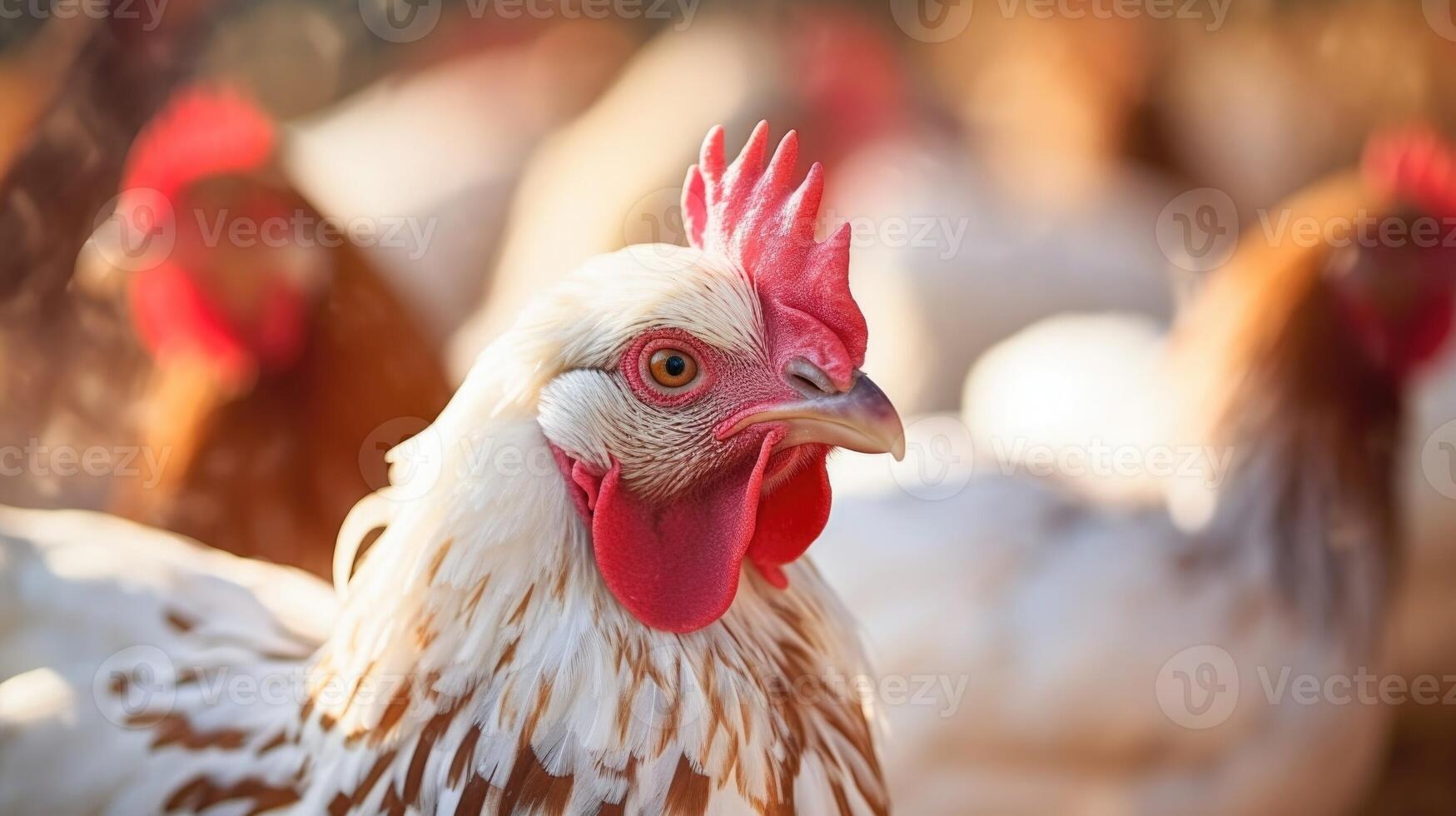 Closeup of a chickens vibrant feathers, a result of proper nutrition and care. photo