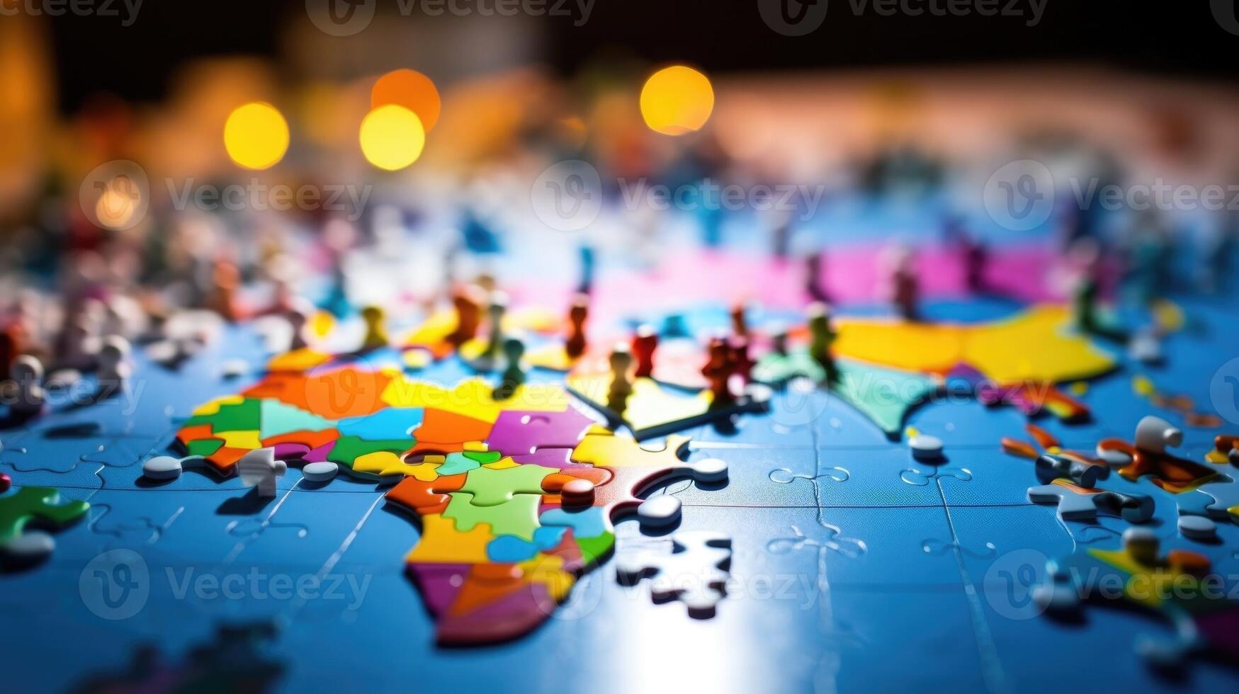 Closeup of a colorful puzzle depicting countries working together to reduce carbon emissions. photo