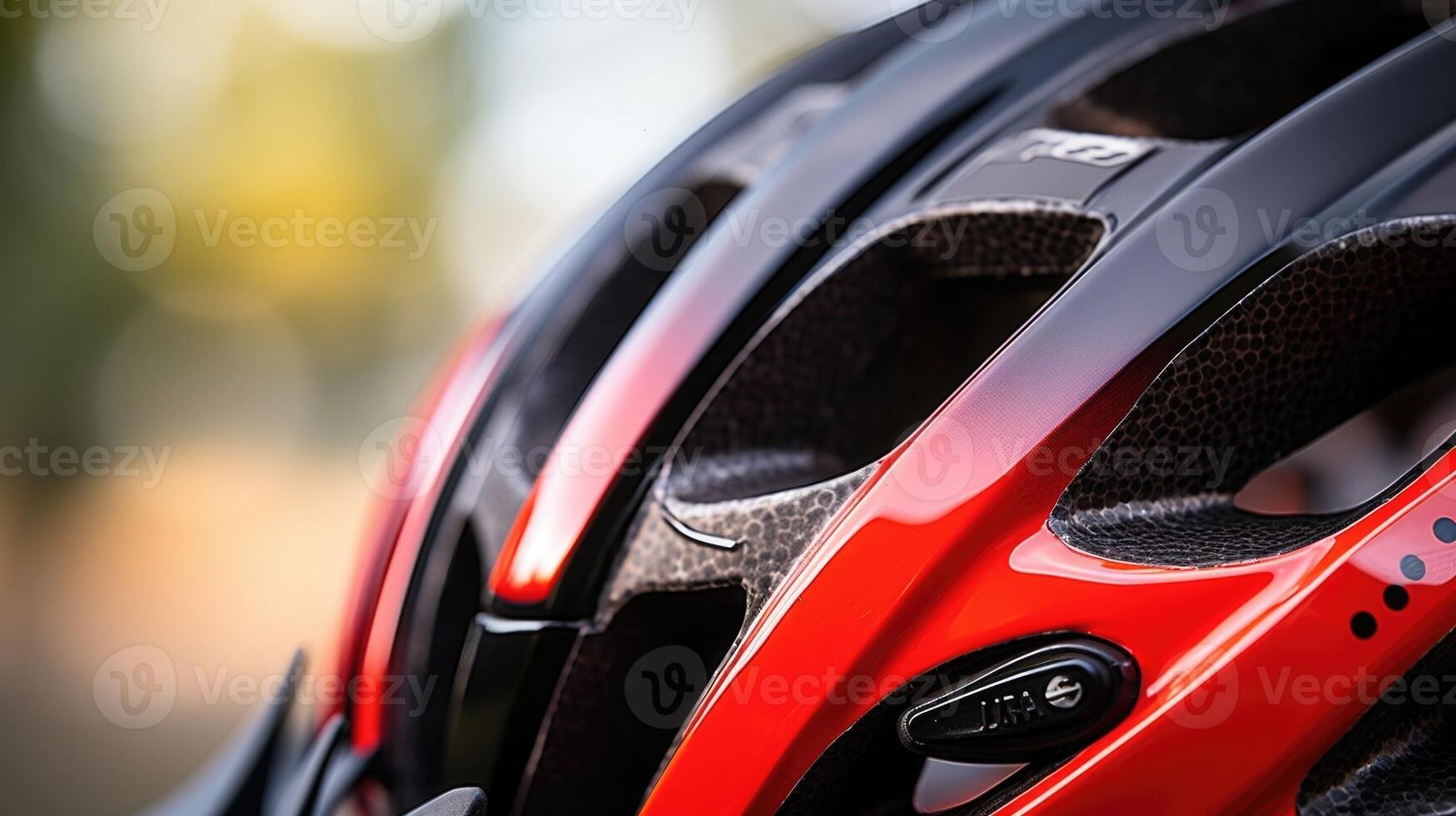 Closeup of a bike helmet with adjustable ss and ventilation holes. photo