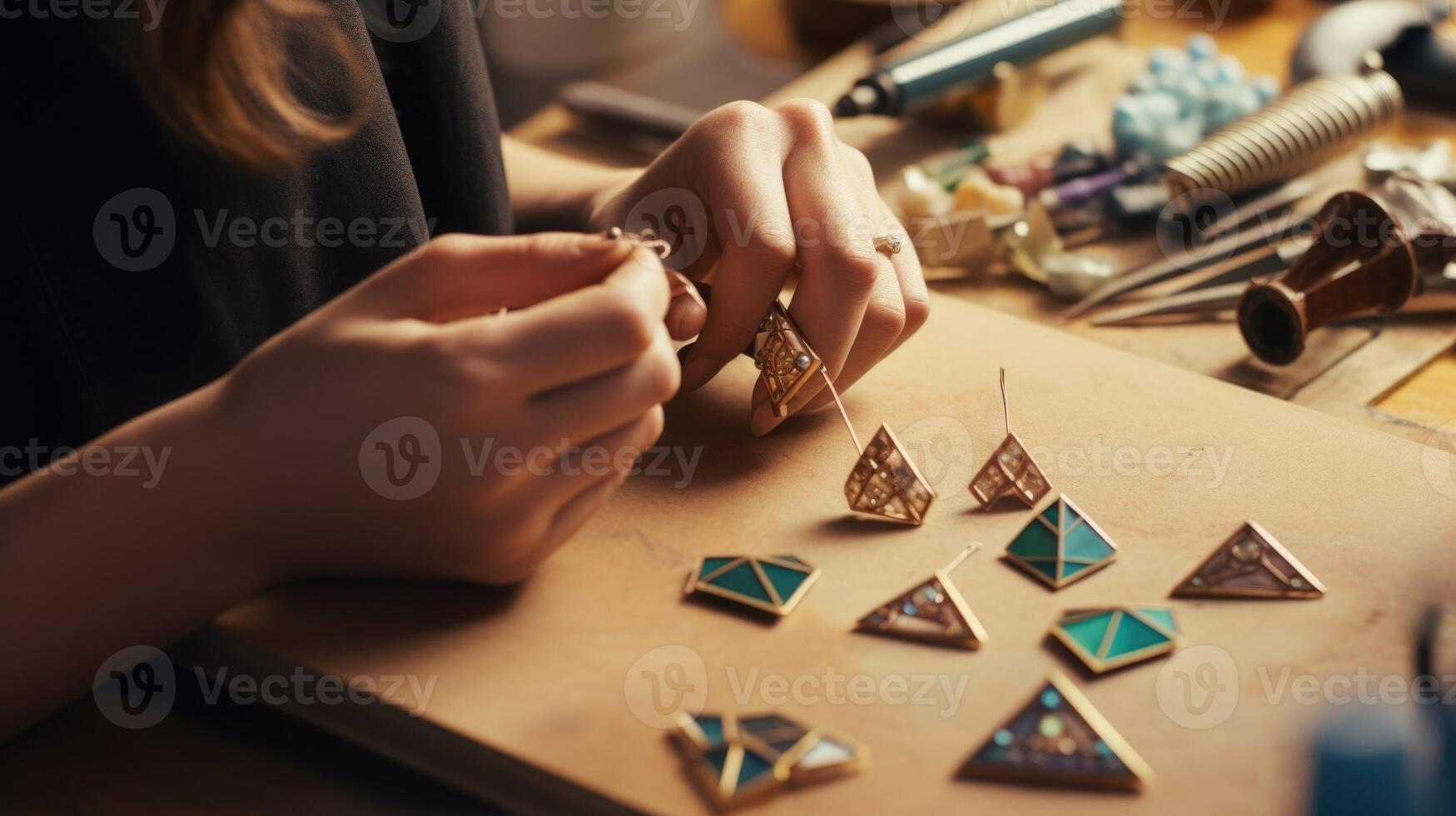 Detailed shot of a jewelers hands arranging and soldering together individual pieces of a geometric statement earring. photo