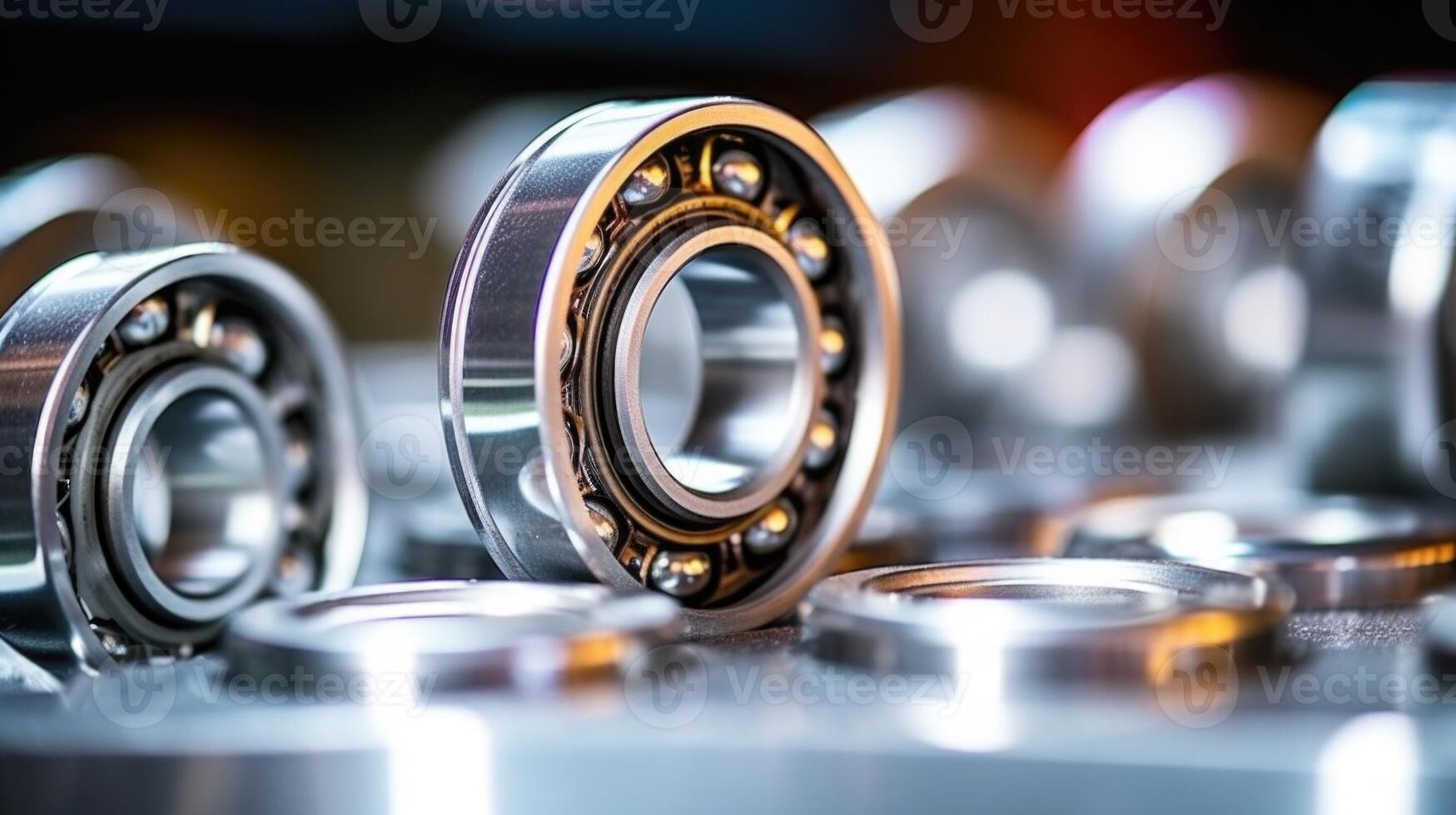 Closeup of a set of silver skate bearings with protective shields. photo
