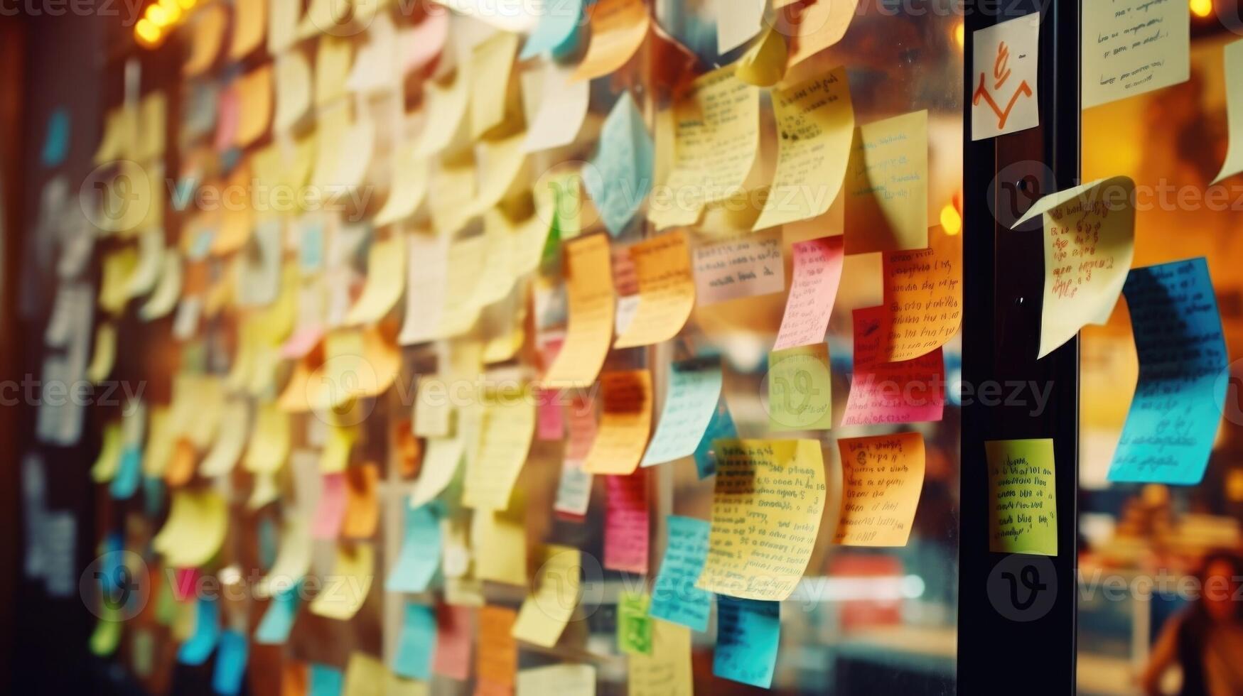 Closeup of an artistically designed mood board filled with colorful notes and quotes. photo
