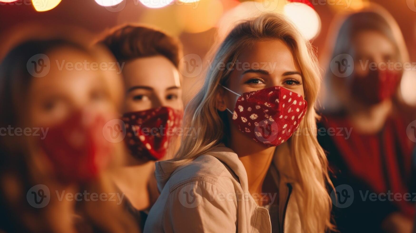 Closeup of a group of friends at an outdoor concert, each with a unique decorative face mask. photo