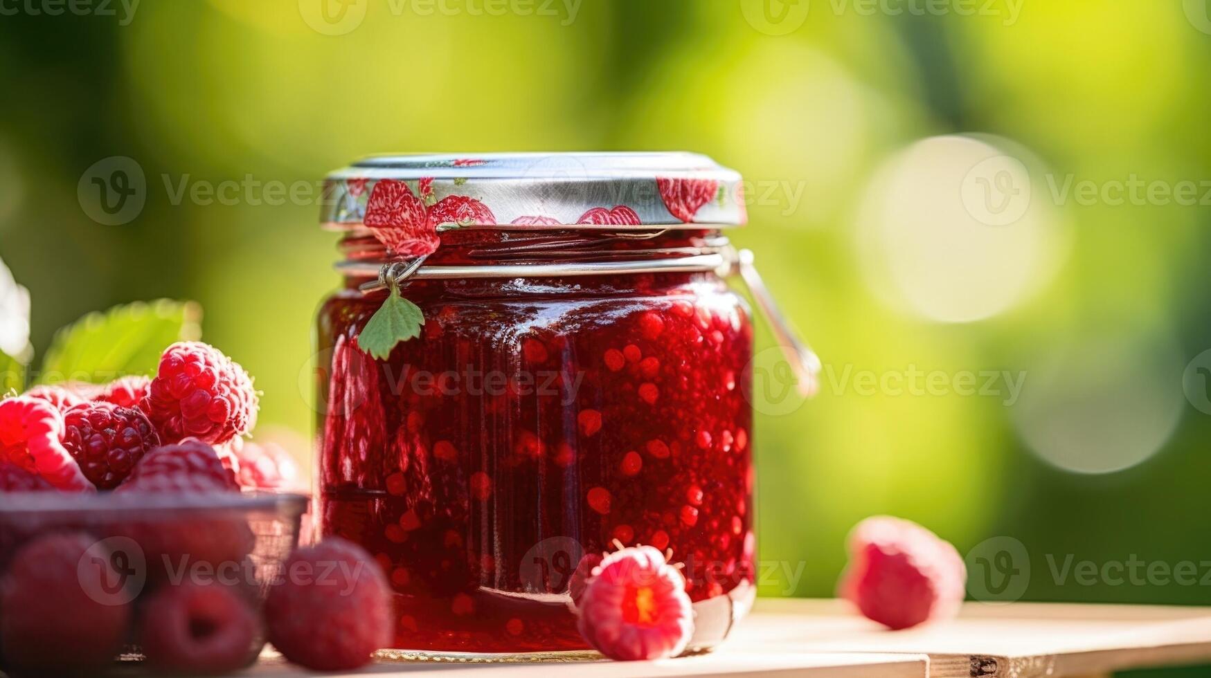 Closeup of a glass jar of homemade raspberry jam, with glistening whole berries peeking through. photo