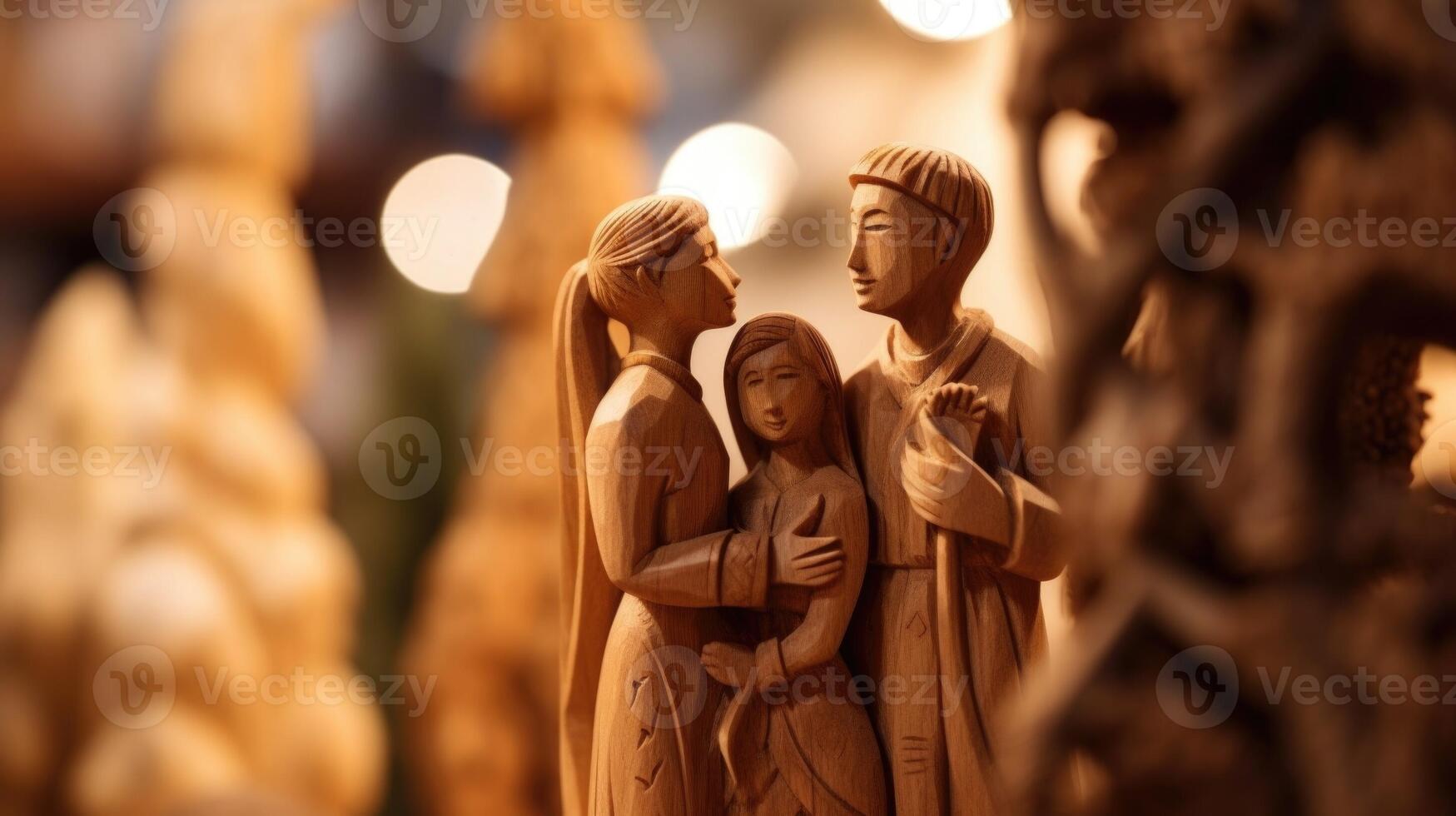 Closeup of a wood carving depicting a peaceful scene of people from different cultures embracing. photo