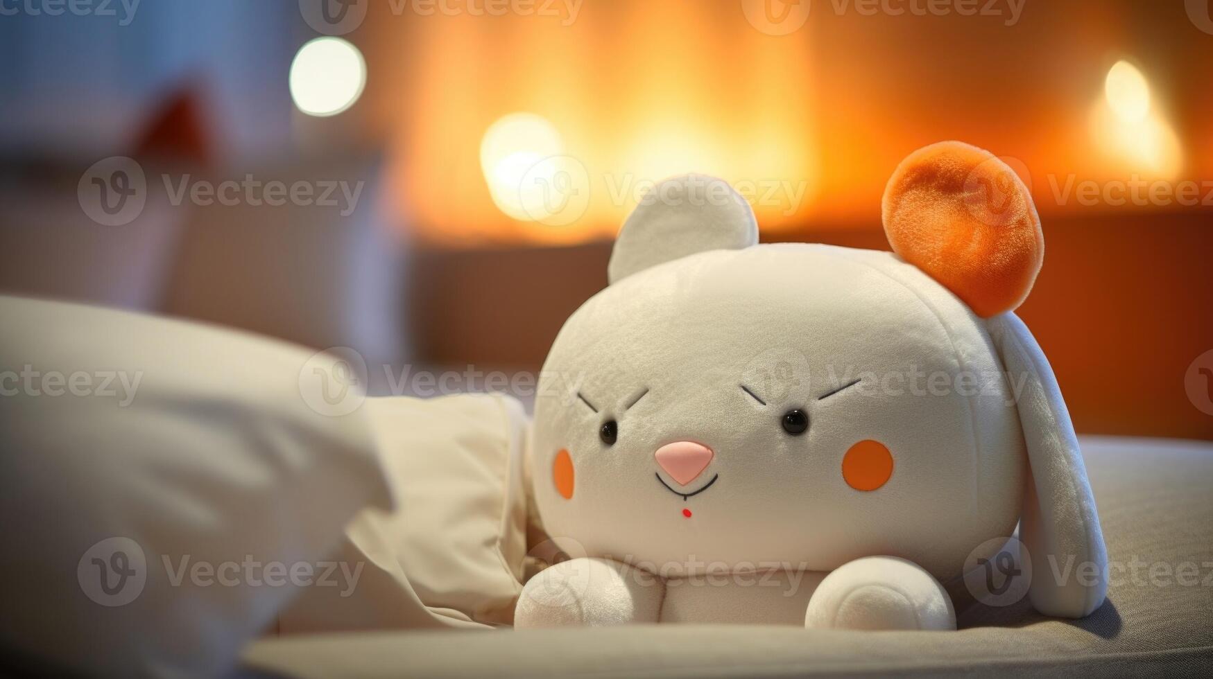 Extreme closeup of a e plush toy with integrated AI technology, functioning as a smart sleep companion for babies. photo