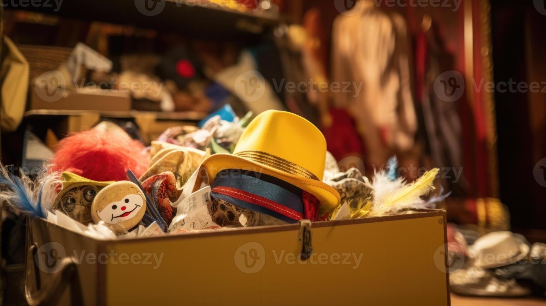 Closeup of a prop box overflowing with various objects and costumes, waiting to be incorporated into the immersive theater performance. photo