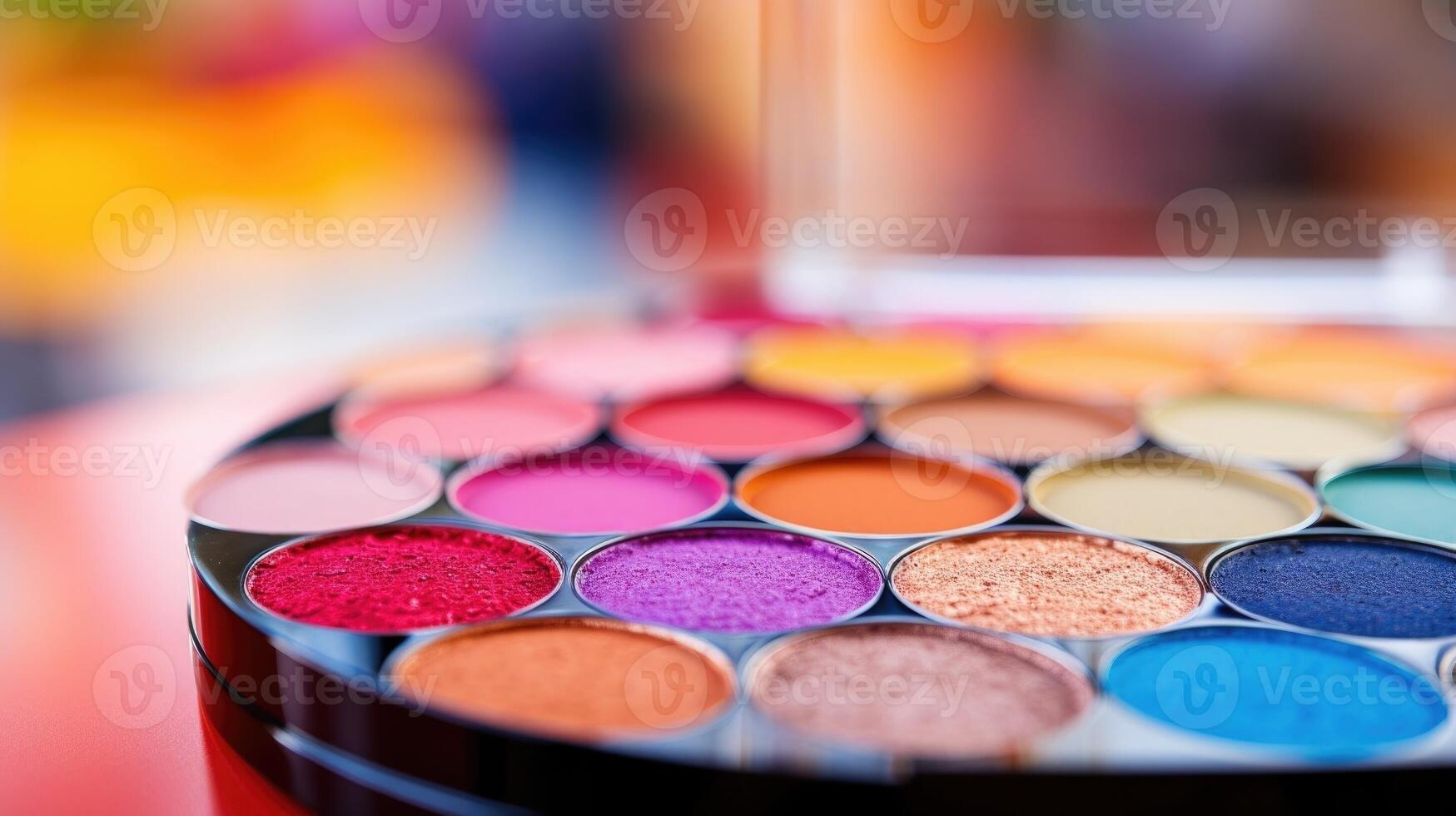 Closeup of a makeup palette, filled with bold and vibrant colors for runway looks. photo