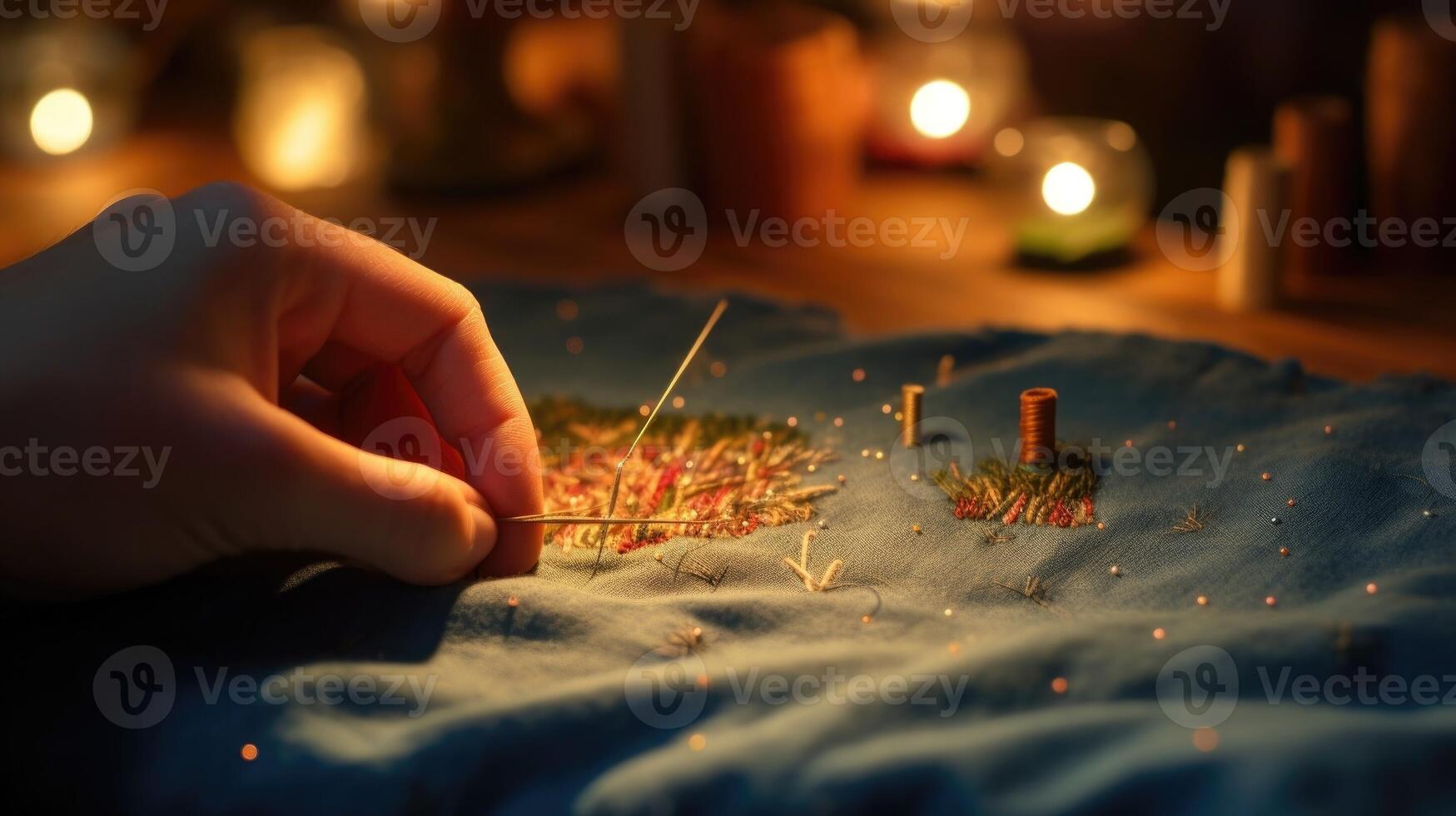 Detailed shot of a hand holding a needle and thread, sewing tiny stitches onto a fabric patch depicting a memorable scene from a beloved show. photo
