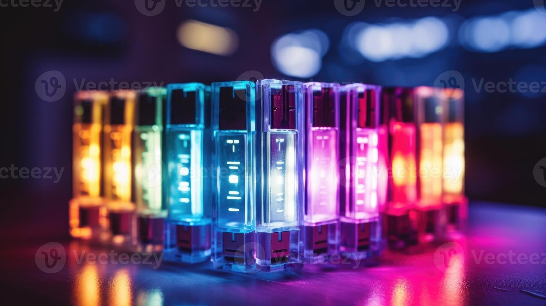 Closeup of a stack of colorful USB drives, each one representing a different learning module in the digital literacy class. photo