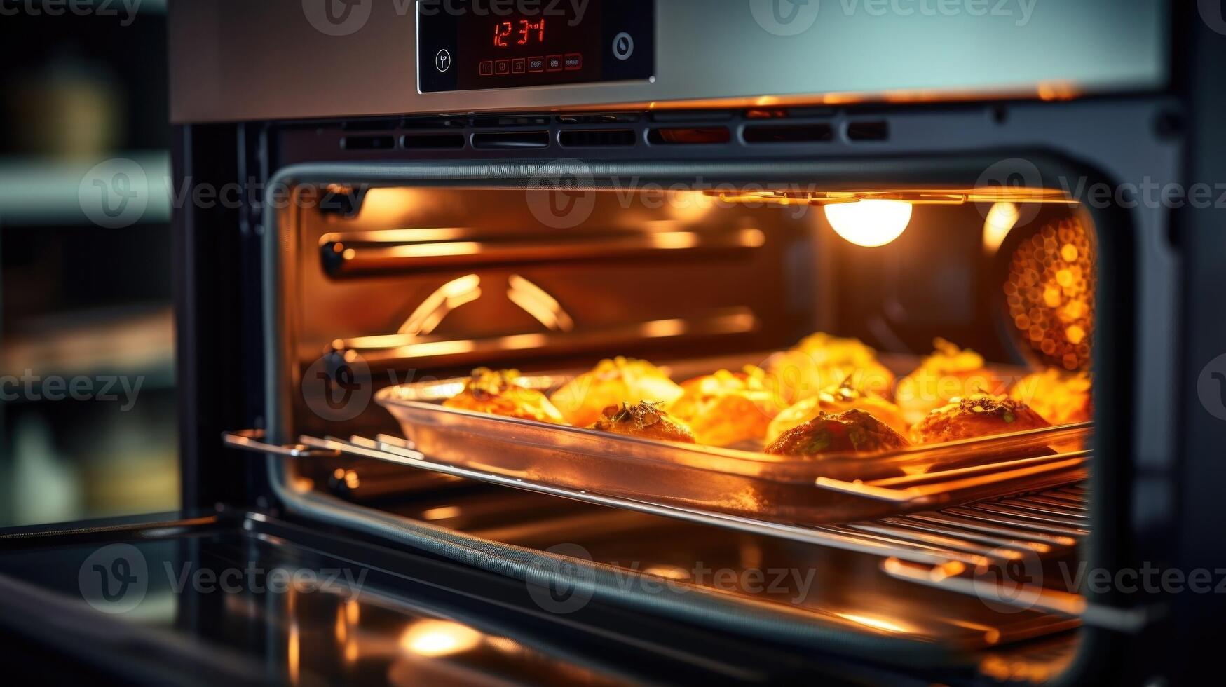 Detailed look at a smart ovens interior, showcasing its selfcleaning feature and multiple cooking modes. photo