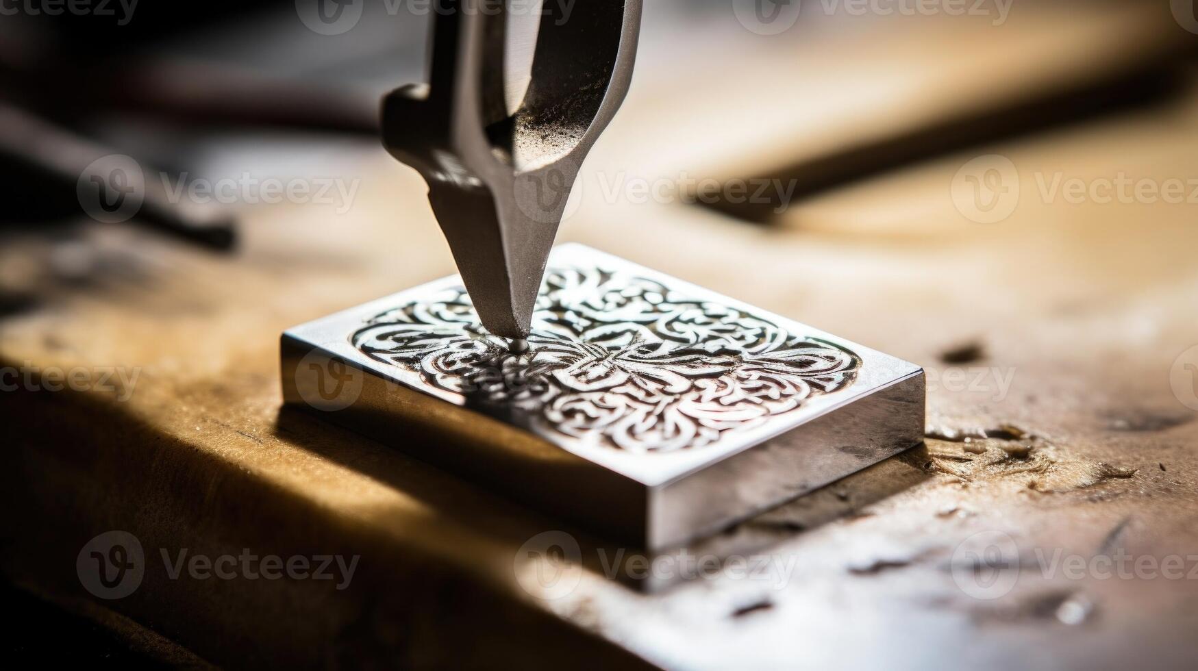 Detailed shot of a metal stamp being pressed onto a piece of handcrafted silver jewelry. photo
