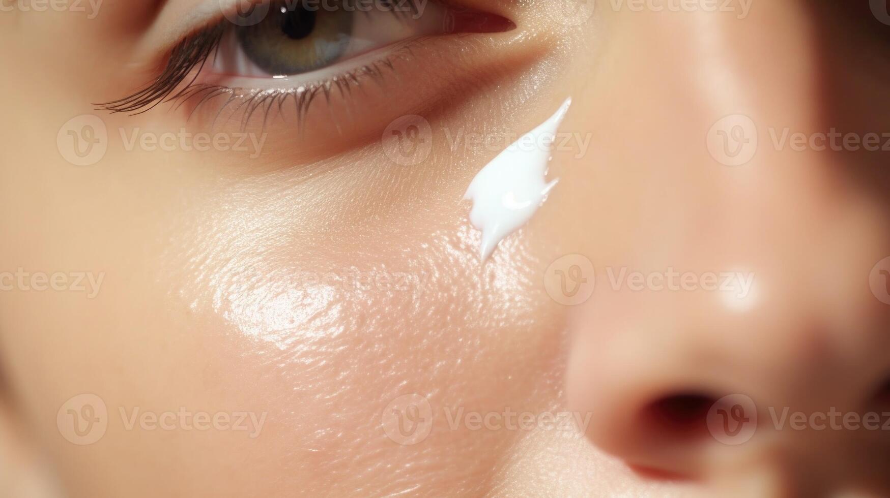 Closeup of a hand using a patting motion to apply eye cream onto the skin. photo