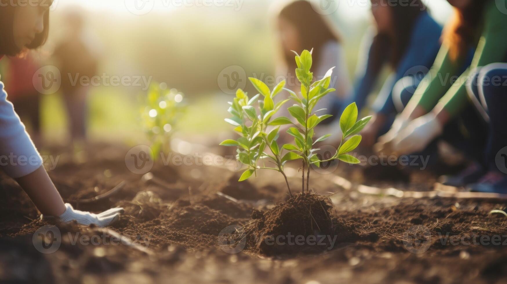 Closeup of a group of young individuals planting trees, highlighting the role of youth in environmental leadership. photo