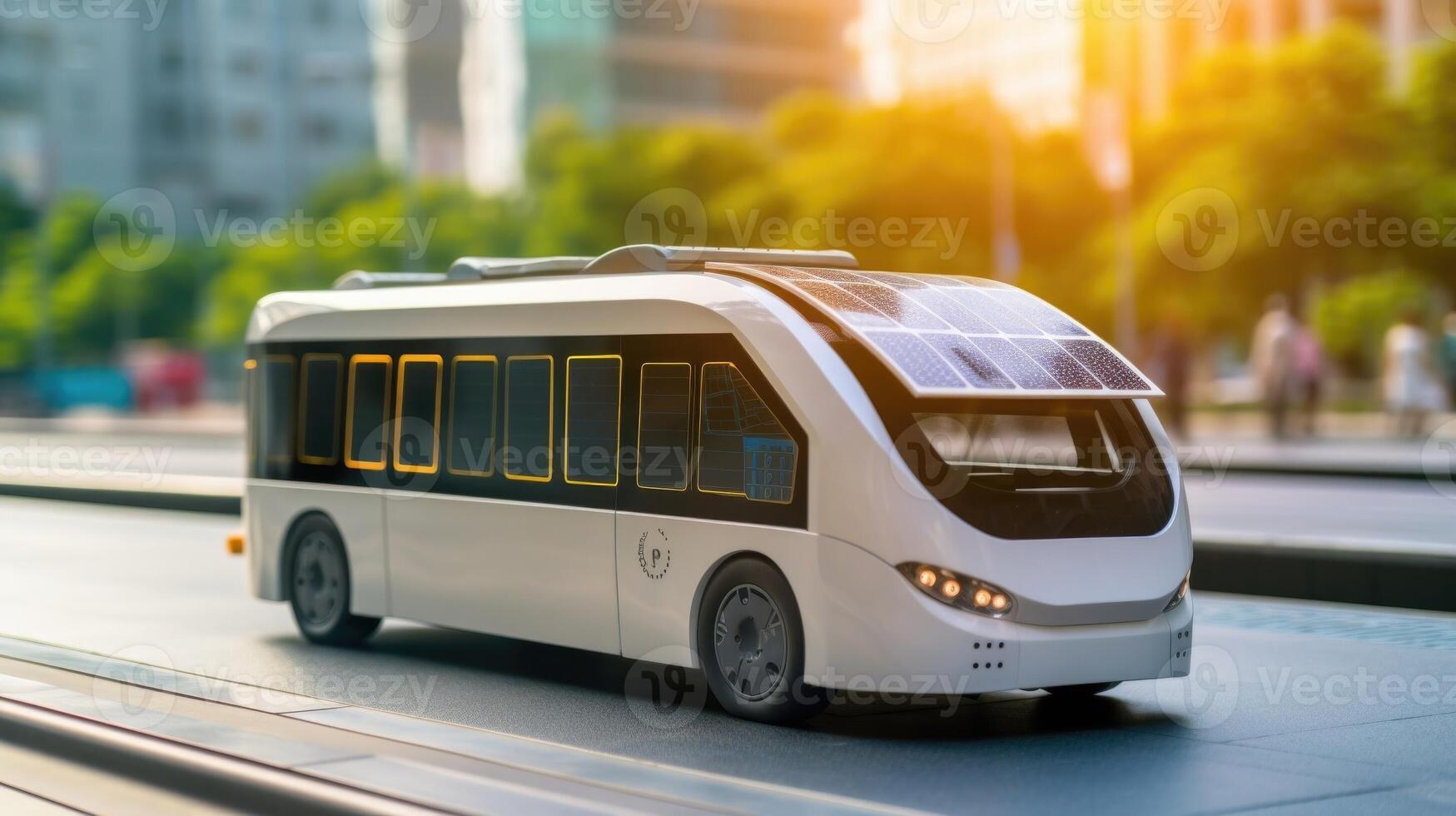 Closeup of a selfdriving shuttle bus with solar panels on its roof. photo
