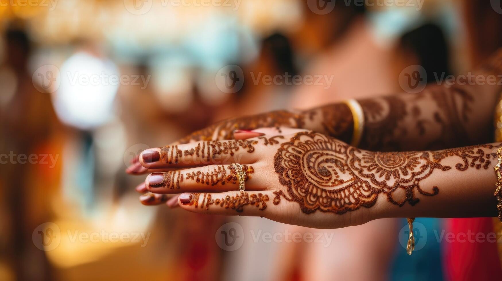 Closeup of intricate henna designs on the hands of the performers, showcasing traditional body art. photo