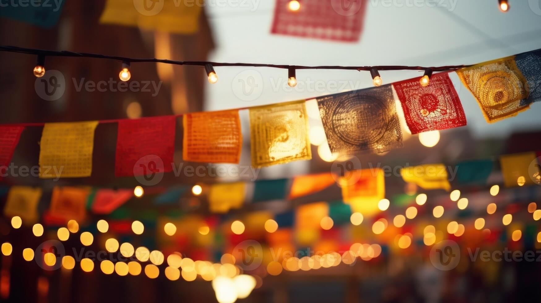 Closeup of celebratory decorations, such as lanterns and colorful flags, representing the joy and unity in cultural diversity. photo