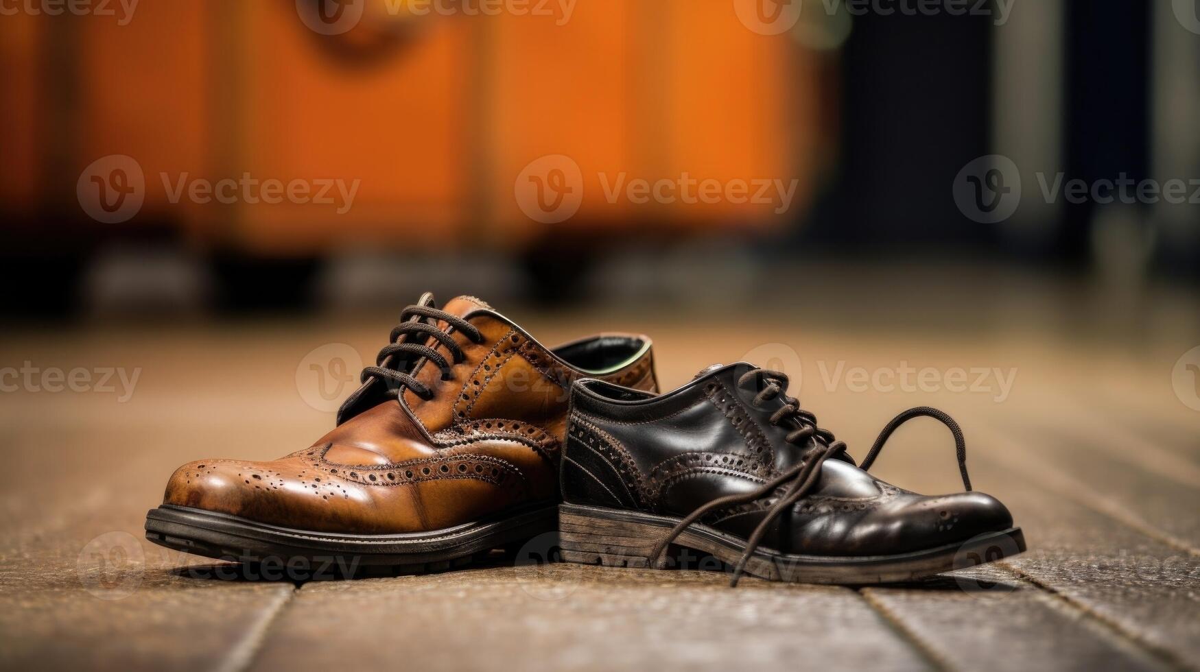 Closeup of a pair of worn out shoes, one with a briefcase and the other with a childs toy peeking out, symbolizing the constant movement and running between work and family obligations. photo