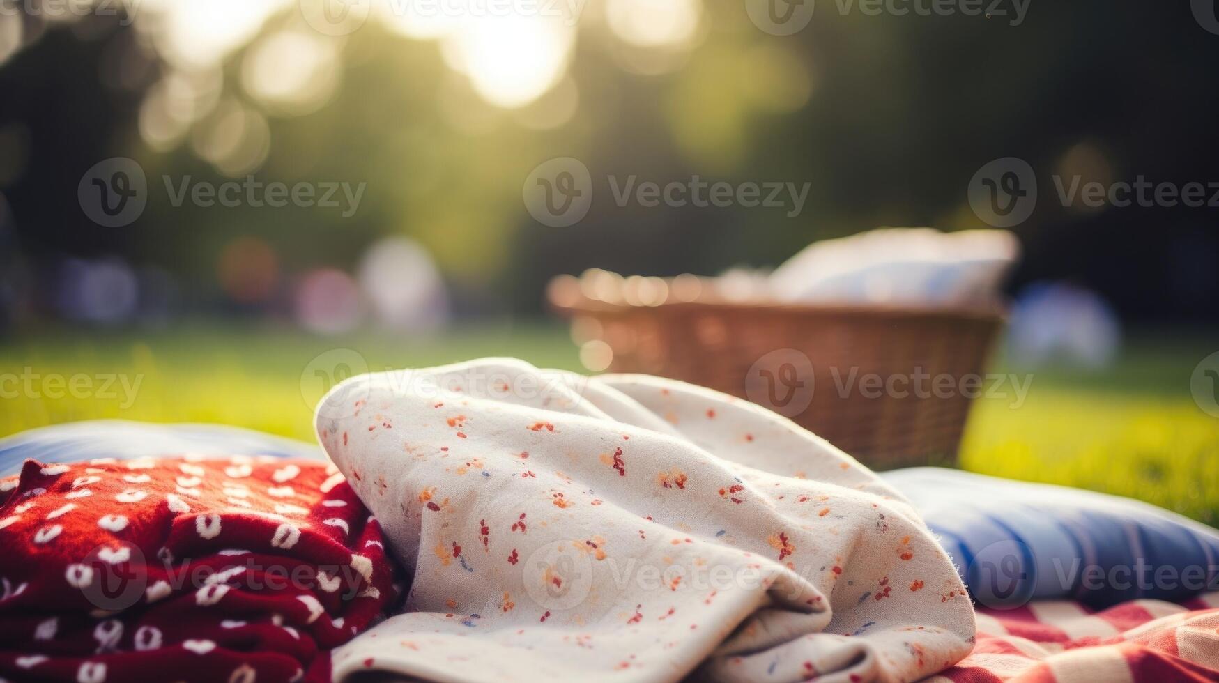 Closeup of a cozy blanket spread out on the grass, surrounded by picnic baskets. photo