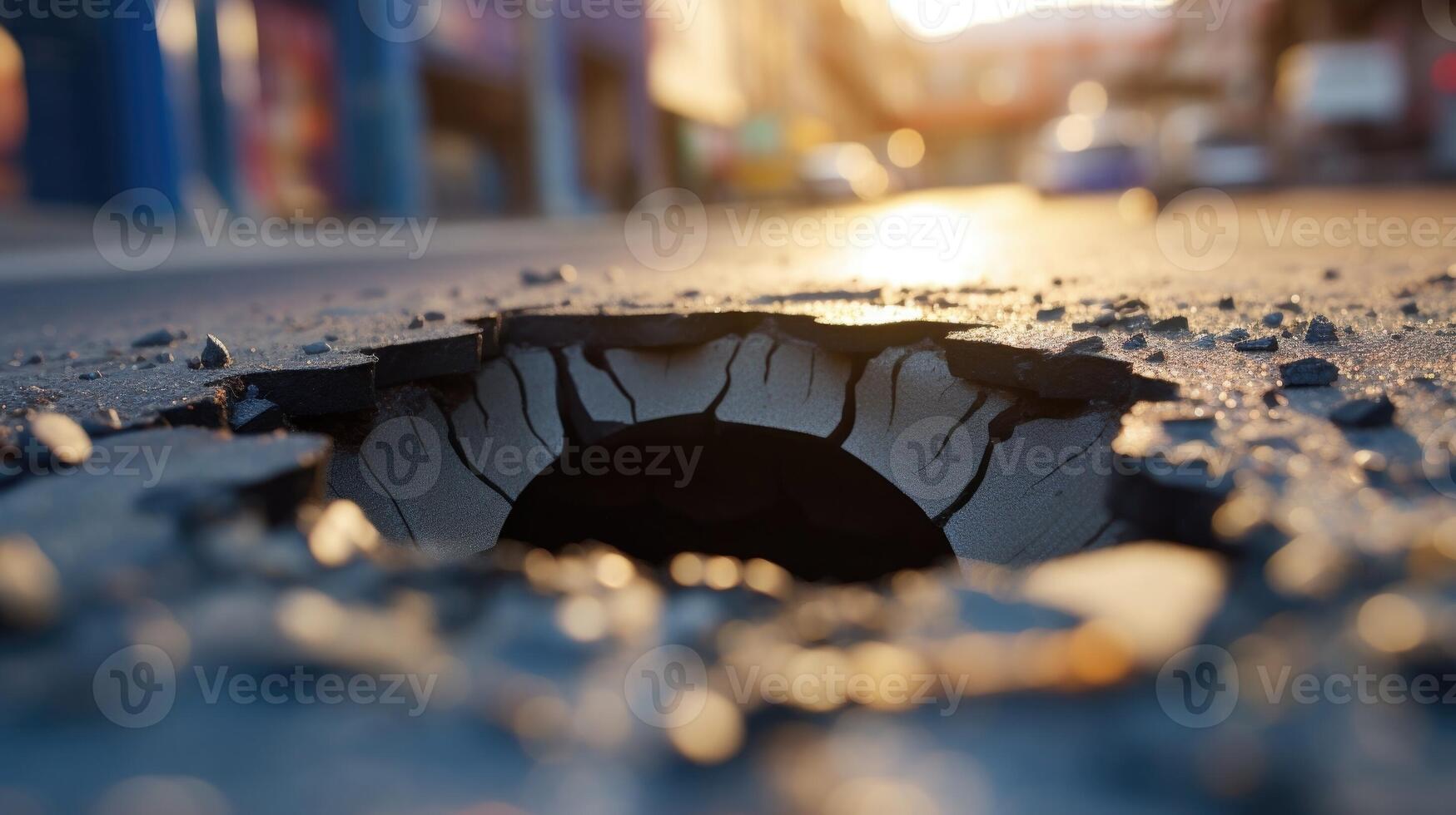Closeup of 3D street art, creating the illusion of a gaping hole in the ground. photo
