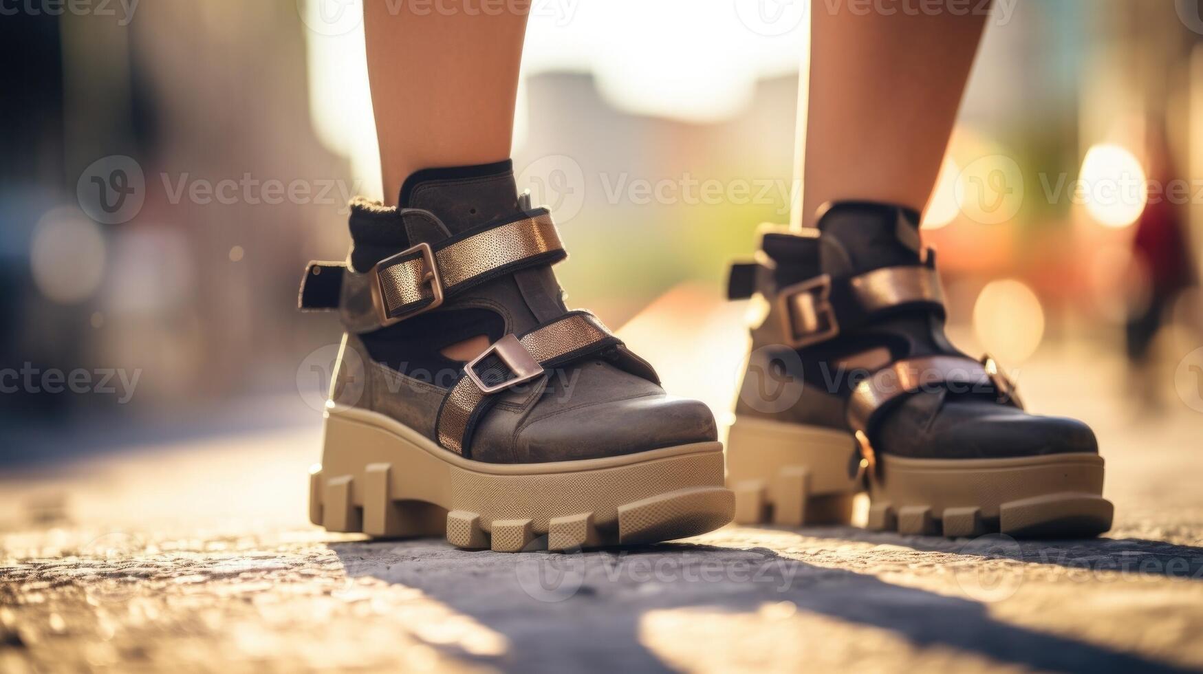 Closeup of a trendy pair of chunky platform sandals, dusted with city grime and styled with ankle socks. photo