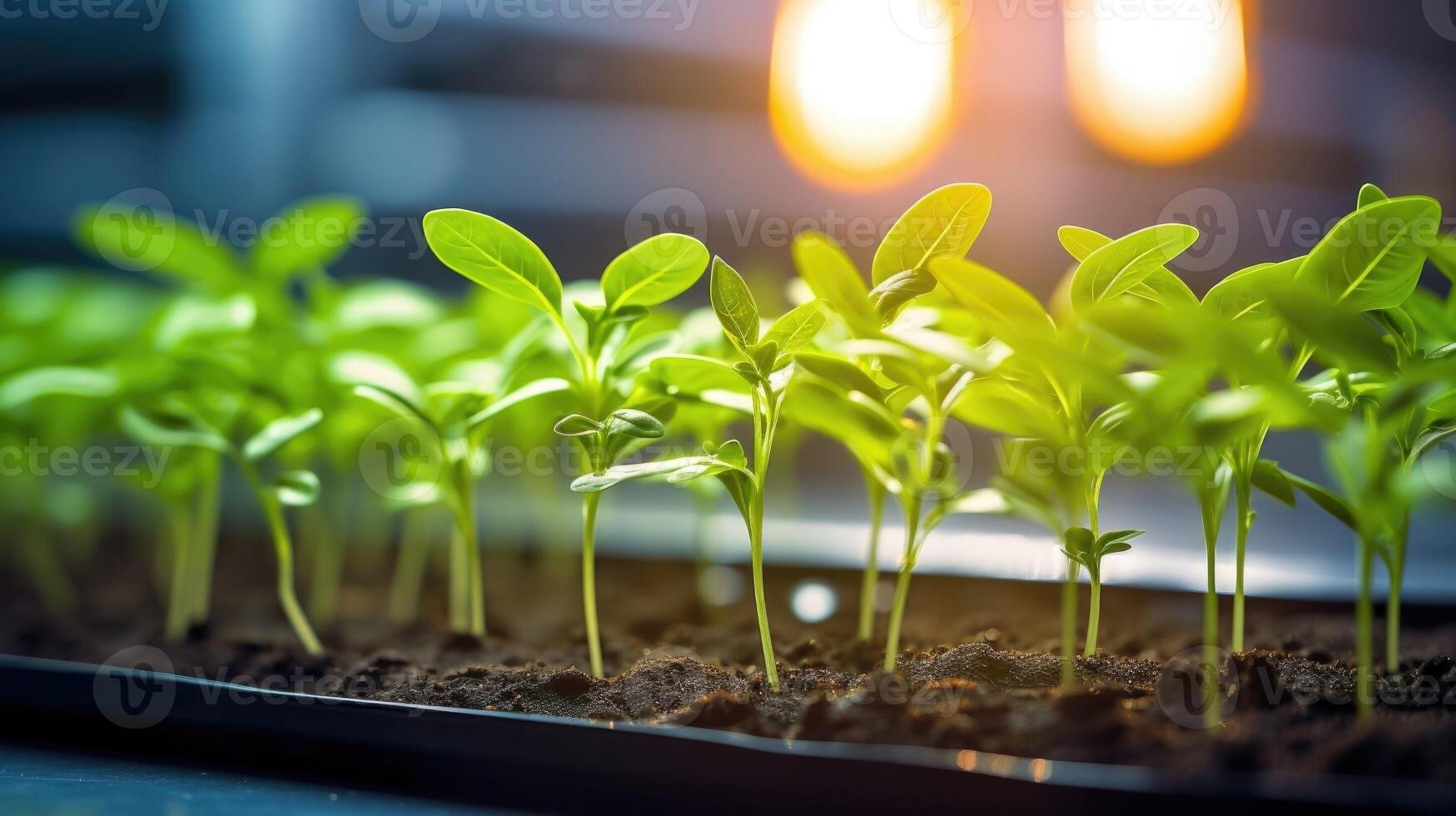 Closeup of a LED grow light illuminating a row of seedlings in an automated home gardening system. photo