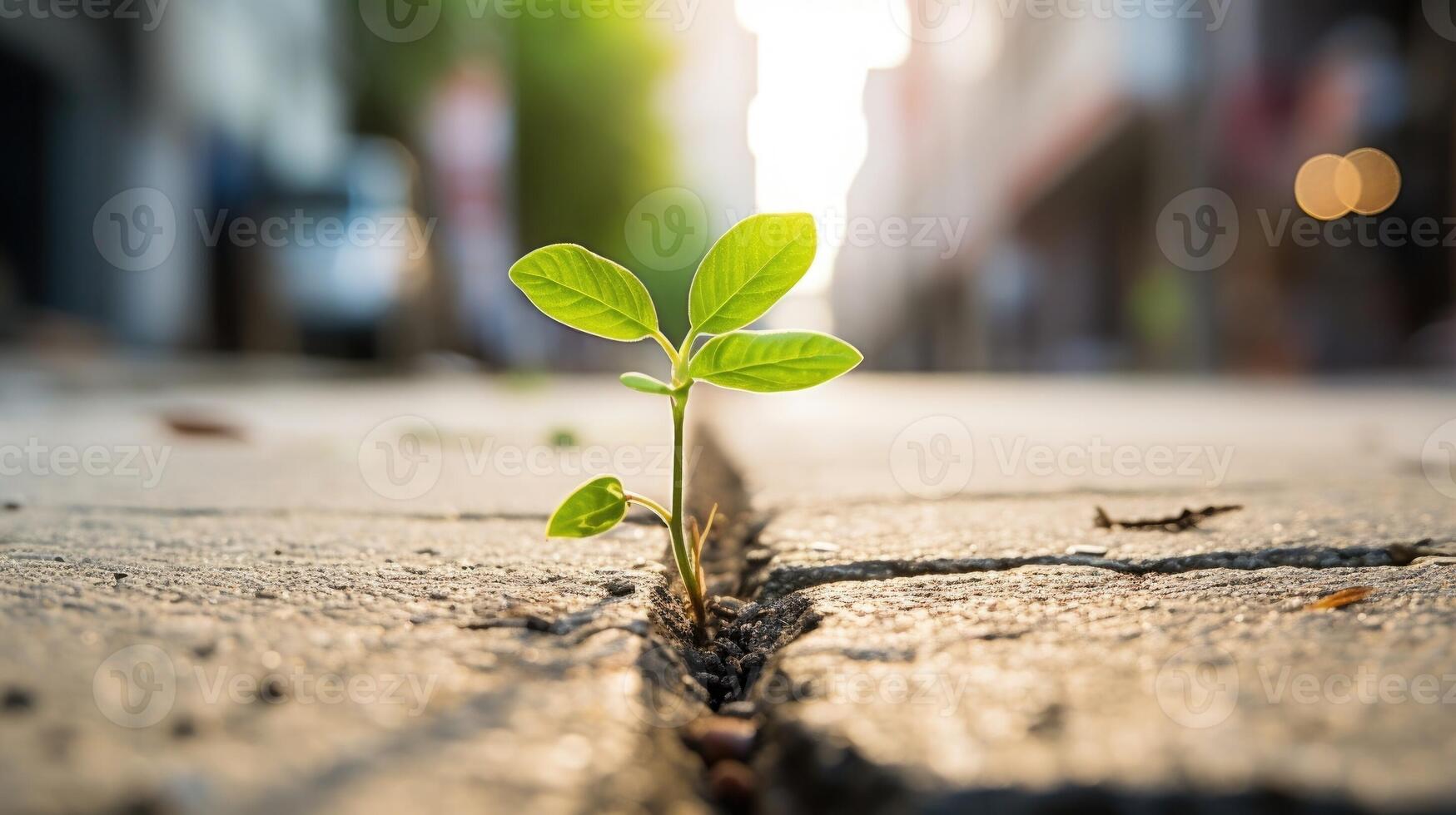 Closeup of a vibrant green plant growing out of a crack in a sidewalk, representing the resilience and growth achieved through a mindful practice. photo