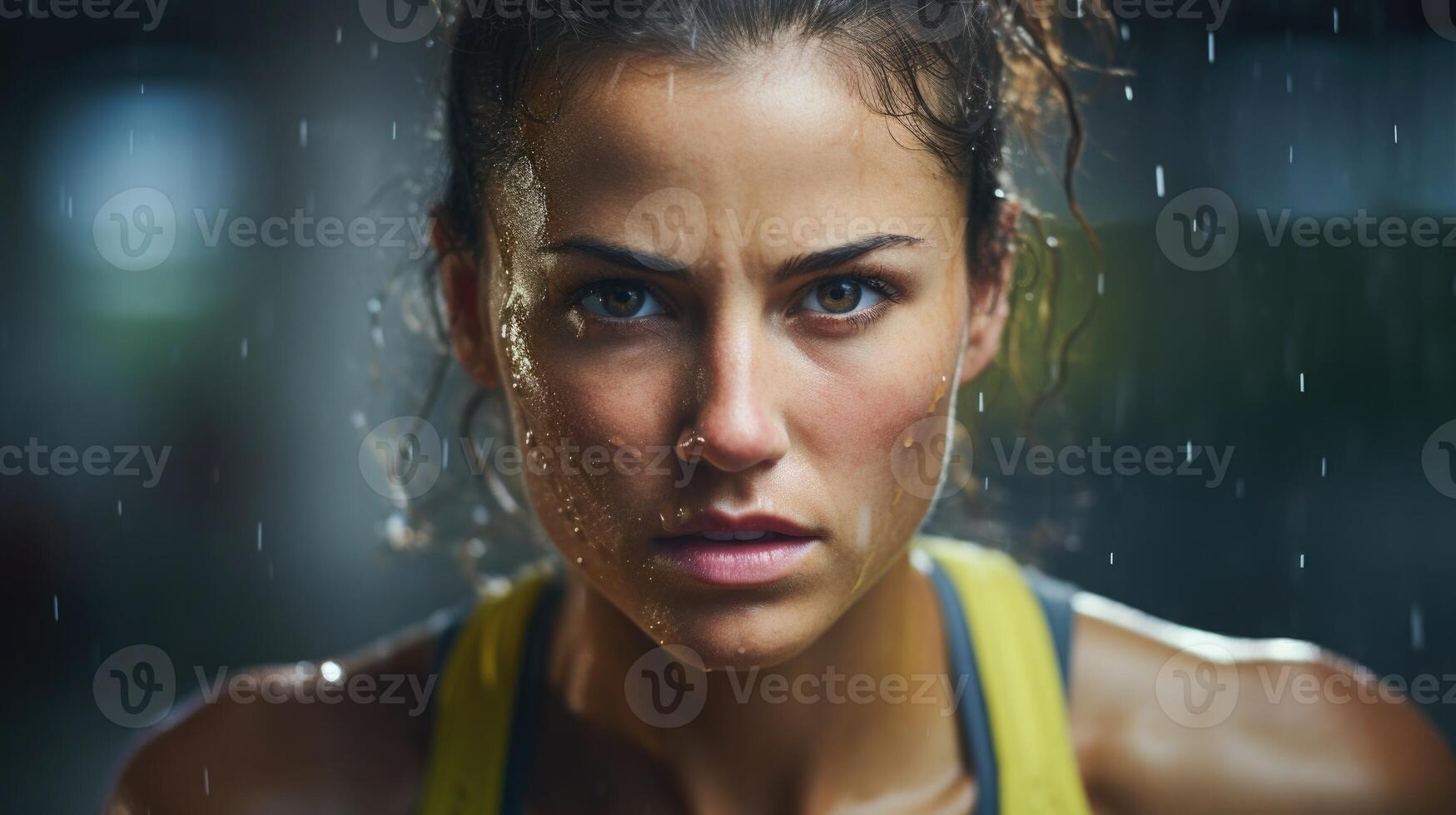 Closeup of a womans sweaty face after a challenging workout, with determination in her eyes. photo