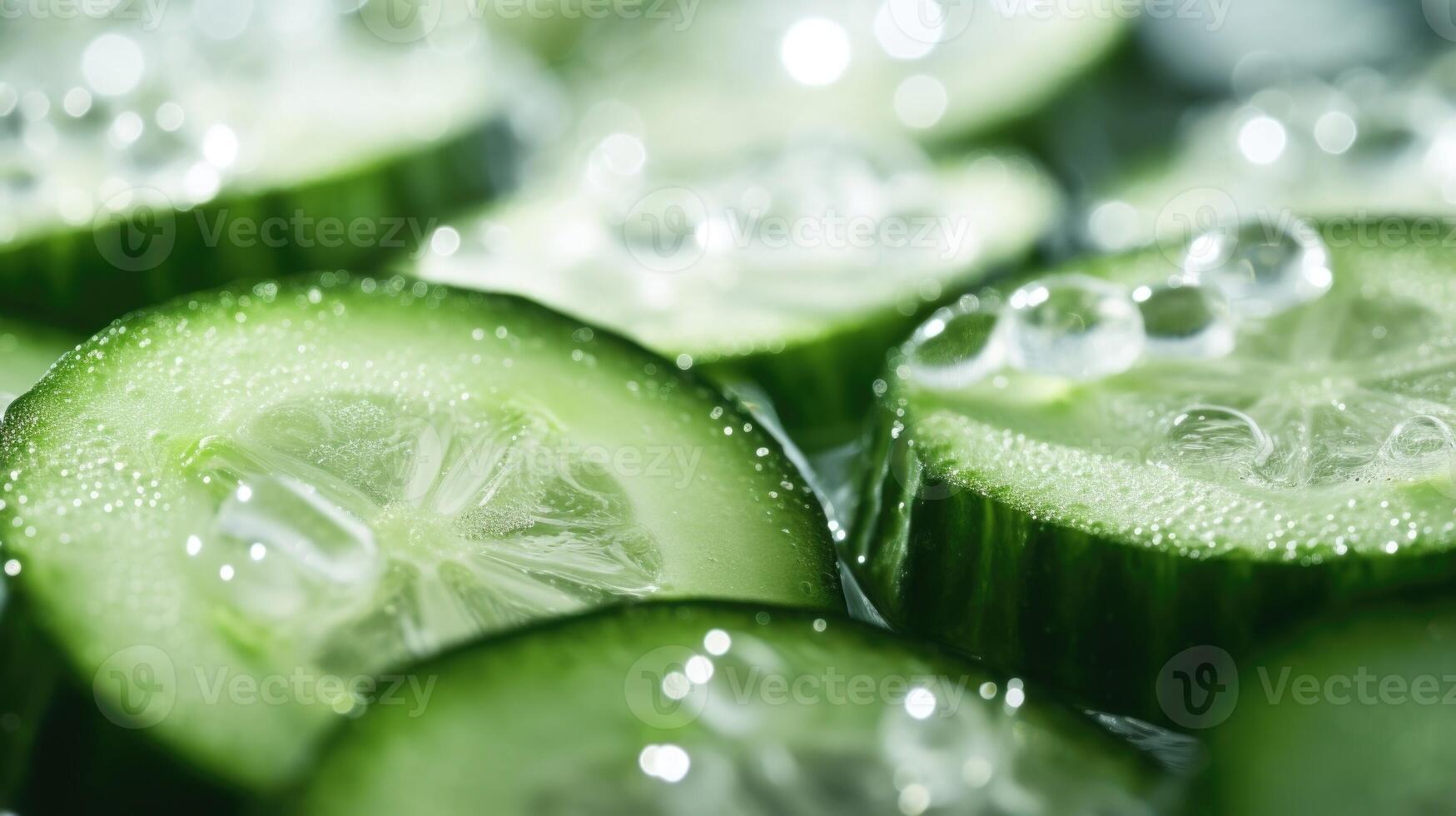 Closeup of a sliced cucumber, p on a bed of ice cubes, highlighting its cooling effect on the skin. photo