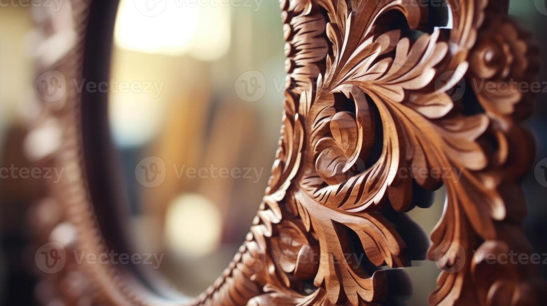Closeup of the intricate wood carvings adorning the frame of a mirror on the gallery wall. photo