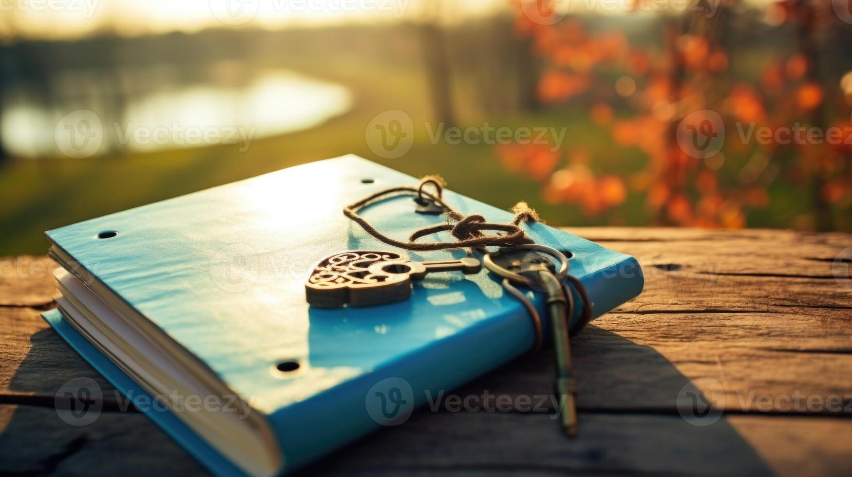 Closeup of a journal with a lock and key for teens to safely write and store their thoughts and feelings. photo