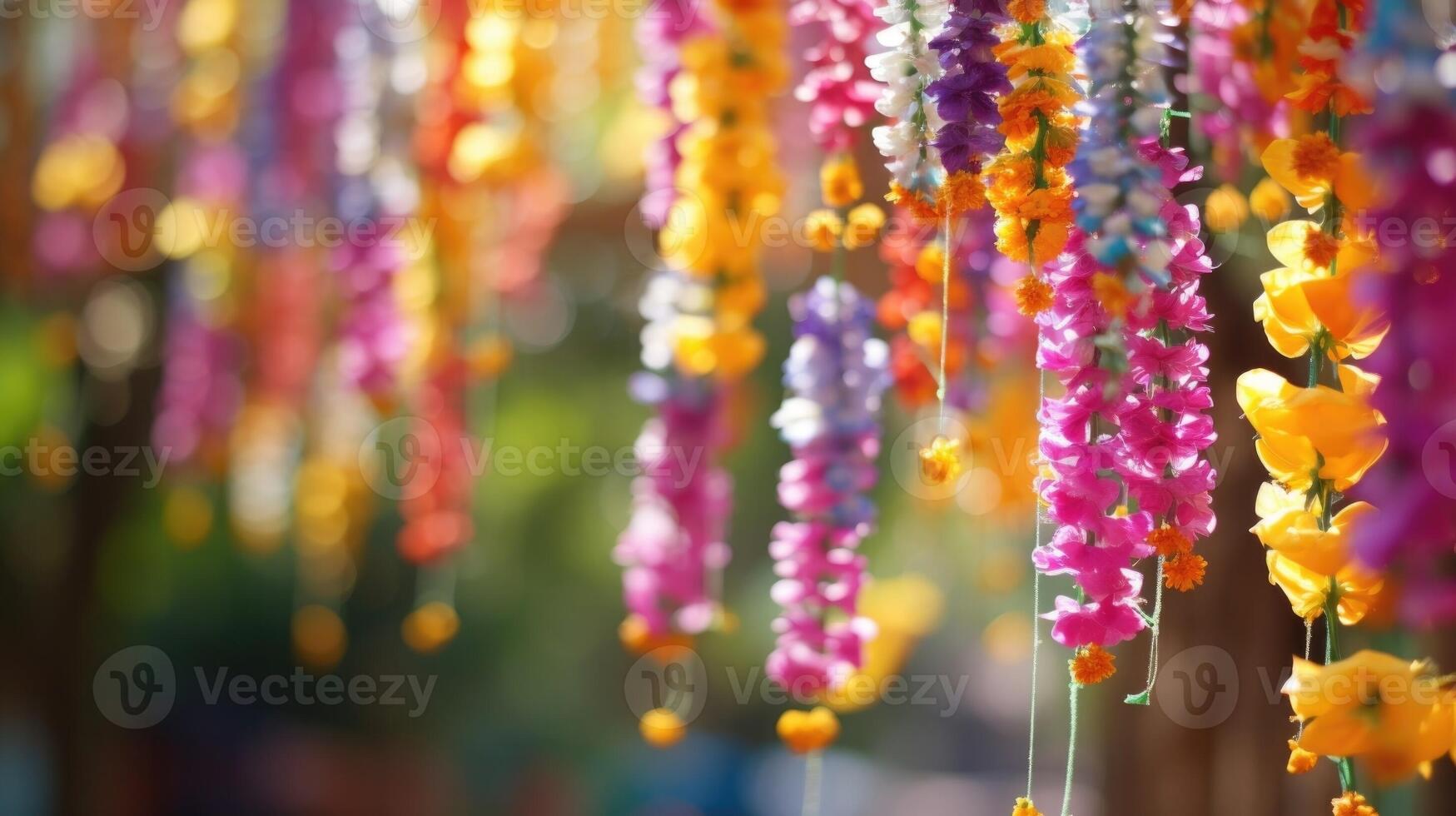 Closeup of delicate flower garlands, a staple of cultural festivals, hanging in colorful abundance. photo