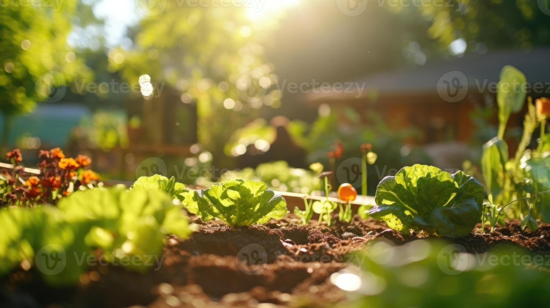 Up close shot of a community garden, showcasing the use of urban green spaces for sustainable food production. photo
