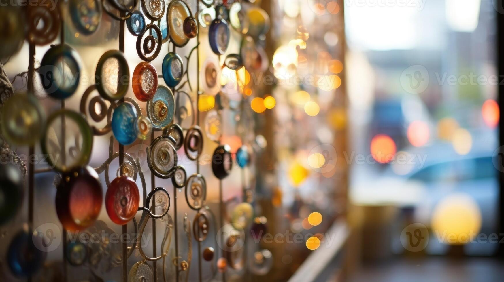 Closeup of unique and creative artwork made from repurposed materials at a small business storefront. photo