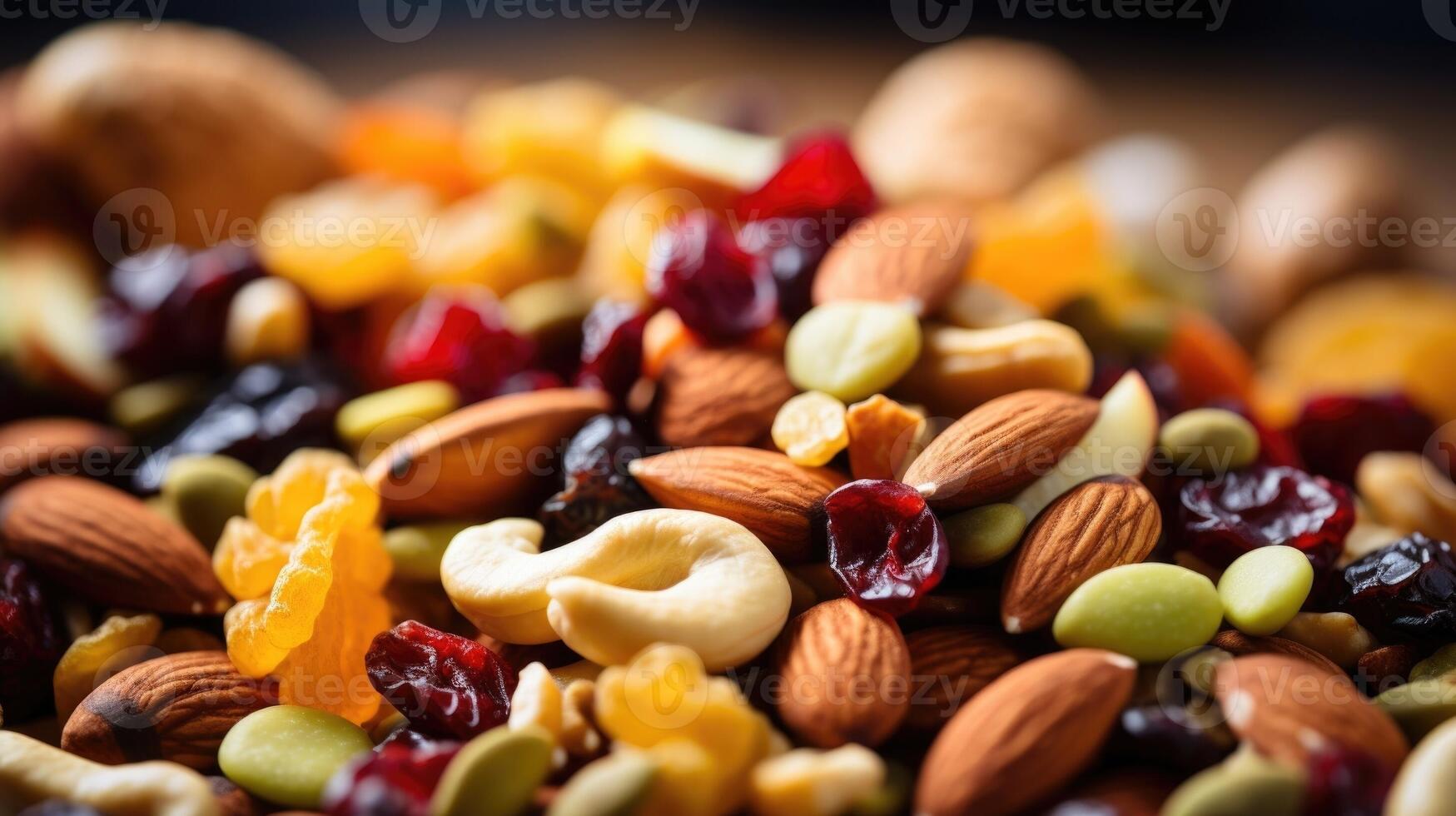 Closeup of a homemade trail mix filled with nuts, seeds, and dried fruits. photo