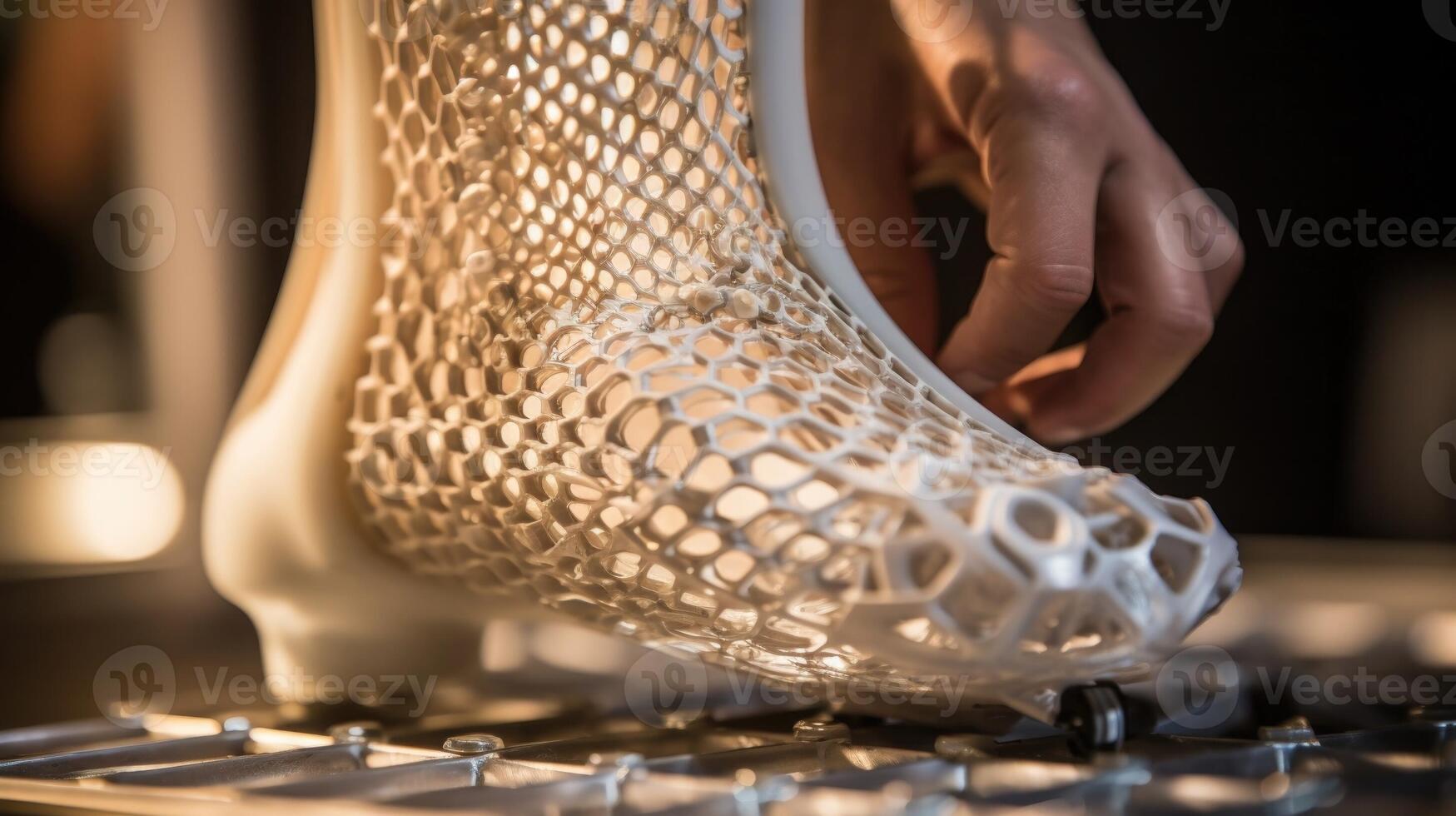 Extreme closeup of a 3Dprinted prosthetic foot being secured with ss. photo