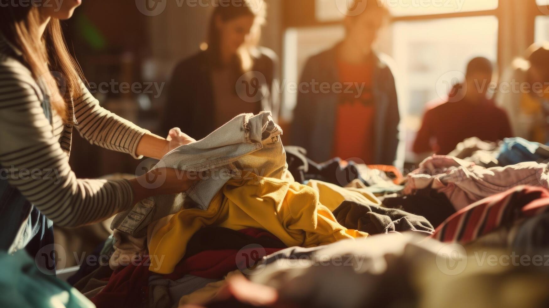 Closeup of a group of volunteers sifting through donated clothes at a community clothing drive. photo