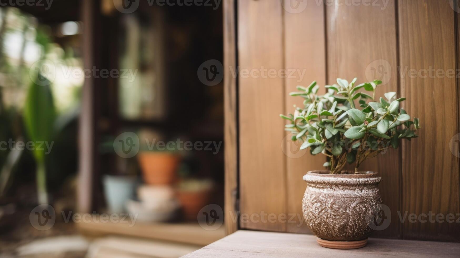 Closeup of a rustic wooden front door of a tiny home, with a potted plant sitting on the doorstep. photo